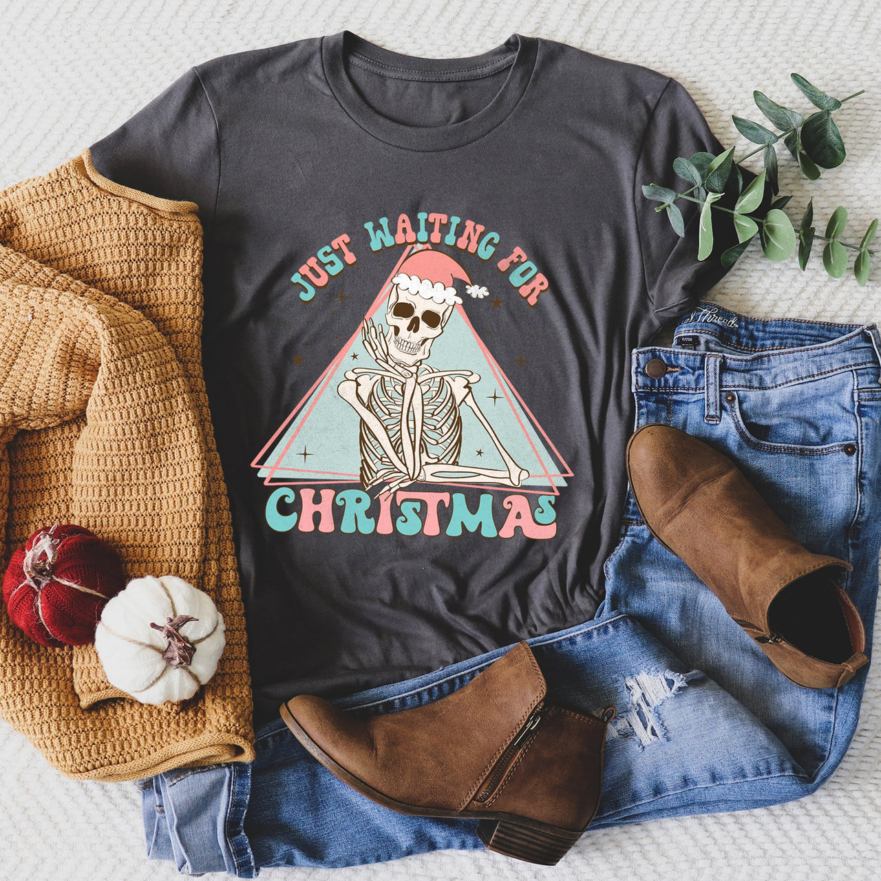 Just Waiting For Christmas Skeleton Retro Classic Vintage Holiday Ghost Graphic Tee