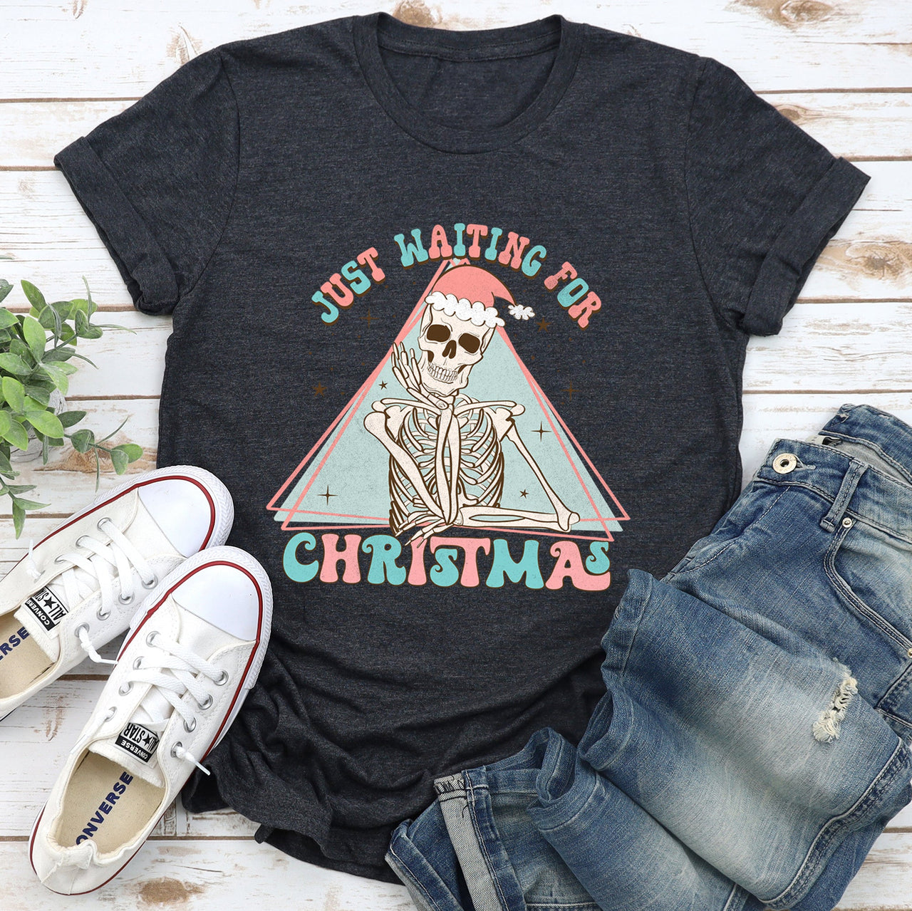 Just Waiting For Christmas Skeleton Retro Classic Vintage Holiday Ghost Graphic Tee