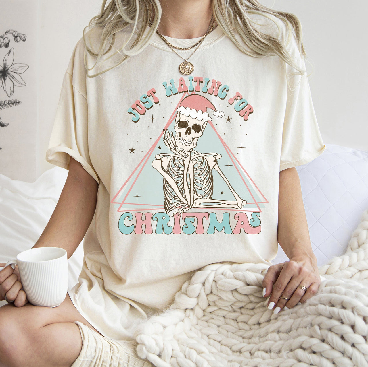 Just Waiting For Christmas Skeleton Retro Classic Graphic Artwork Comfort Colors Tee