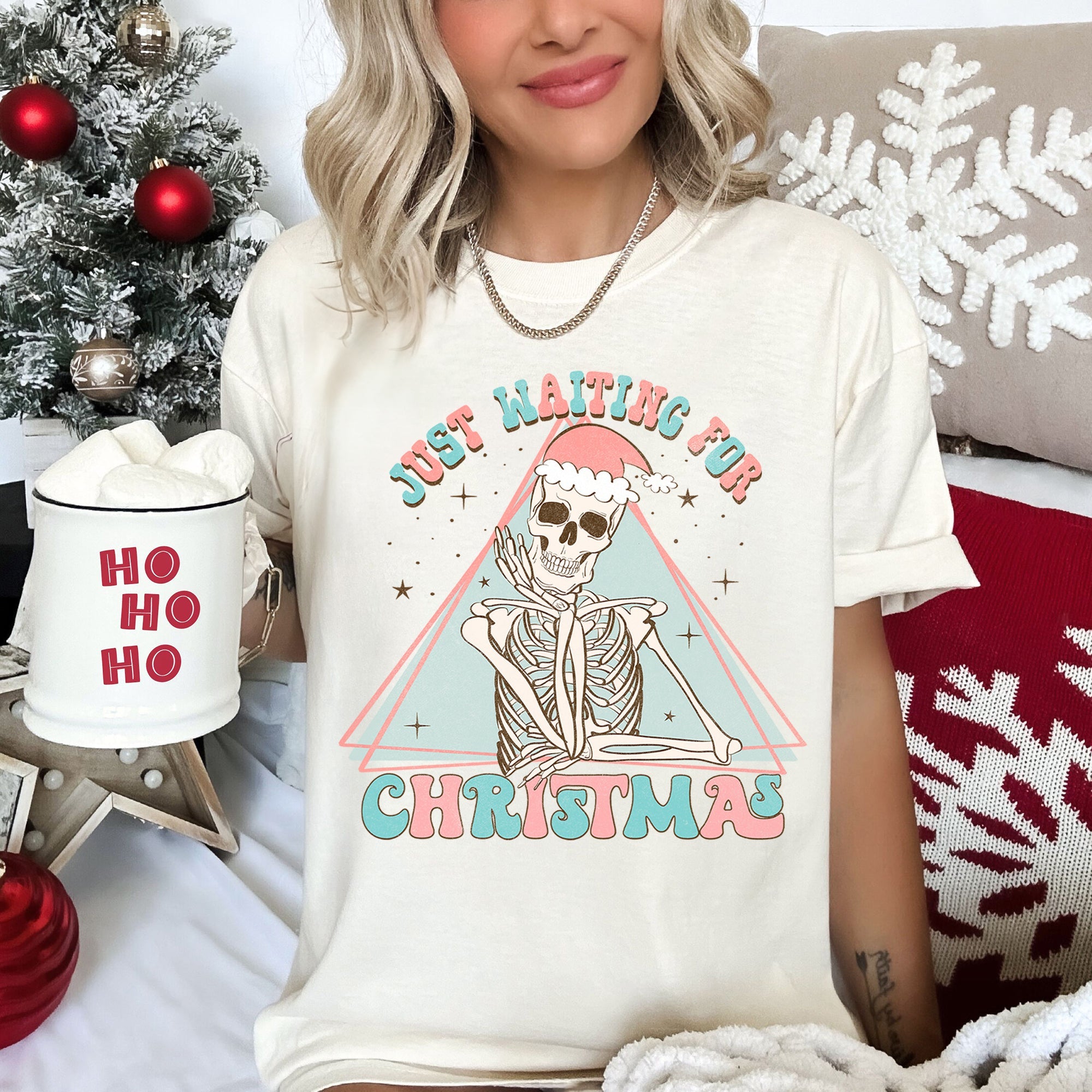 Just Waiting For Christmas Skeleton Retro Classic Graphic Artwork Comfort Colors Tee