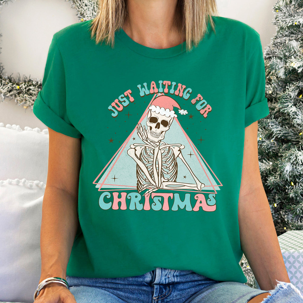 Just Waiting For Christmas Skeleton Retro Classic Vintage Holiday Ghost Graphic Tee