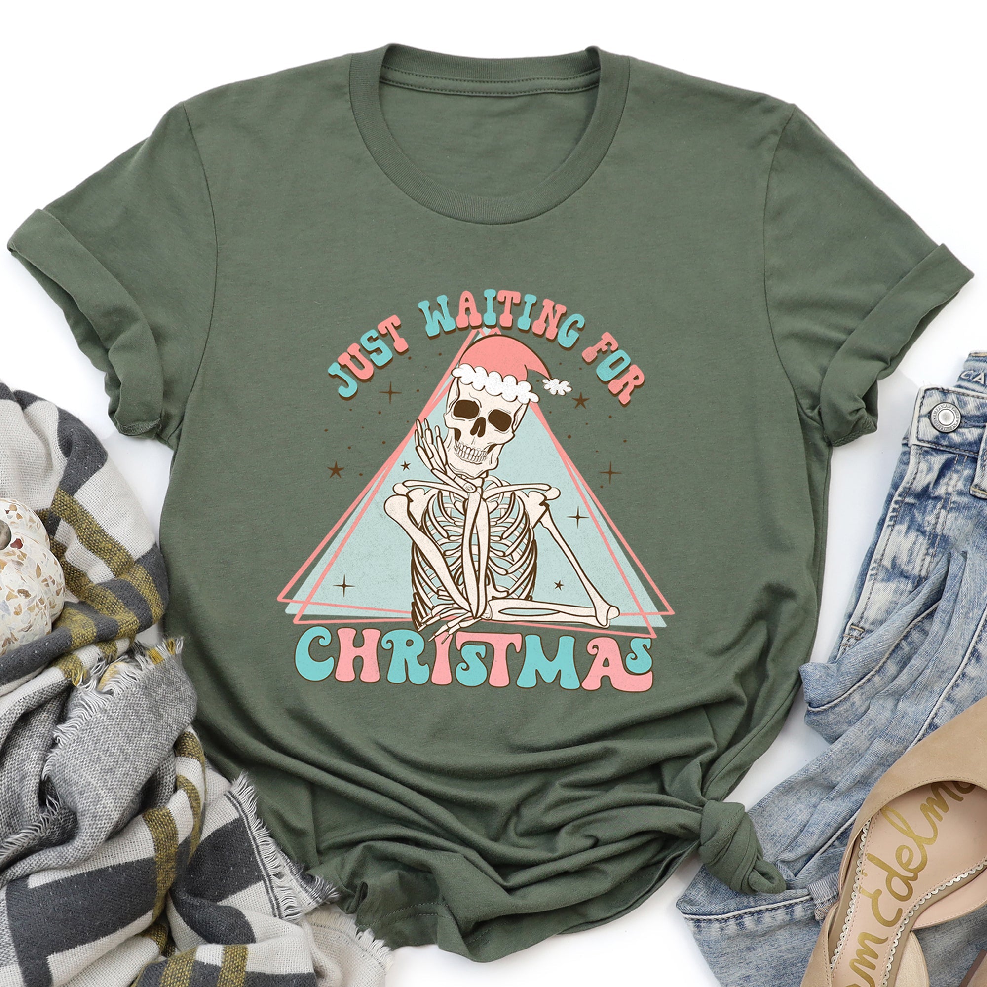 Just Waiting For Christmas Skeleton Retro Classic Vintage Holiday Ghost Graphic Tee
