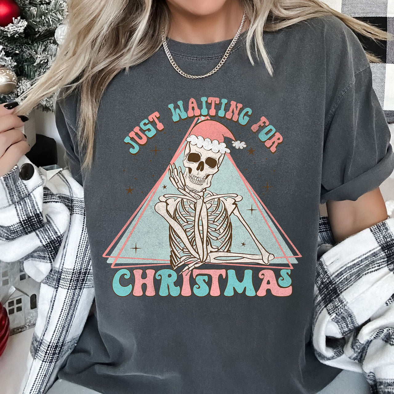 Just Waiting For Christmas Skeleton Retro Classic Graphic Artwork Comfort Colors Tee