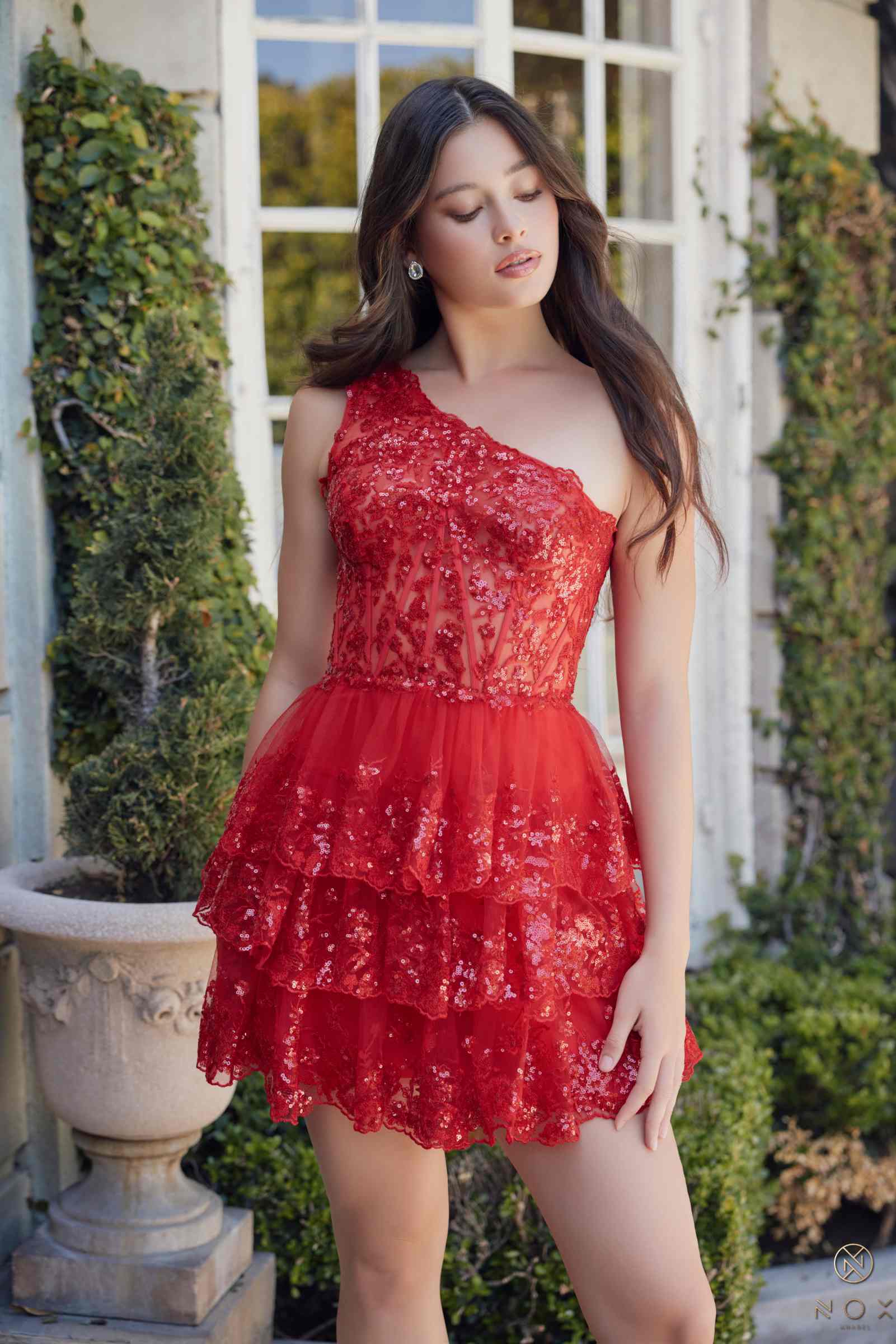 Nox Anabel K855 One Shoulder A-Line Embellished Homecoming Dress