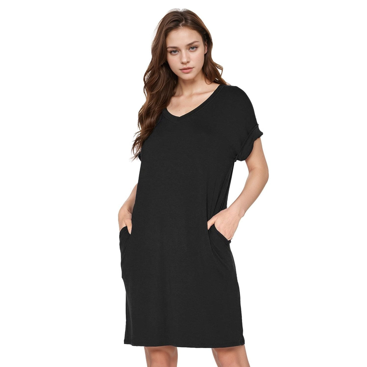 Women's V-Neck T-shirt Dress With Pocket