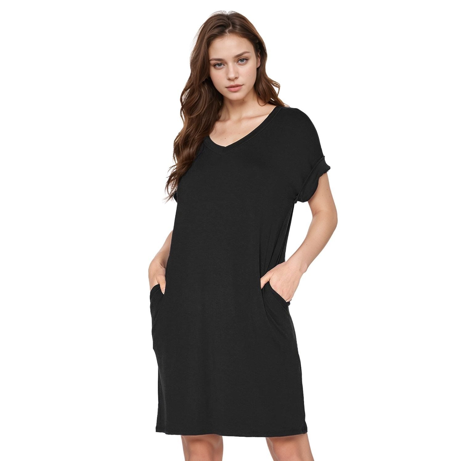 Women's V-Neck T-shirt Dress With Pocket