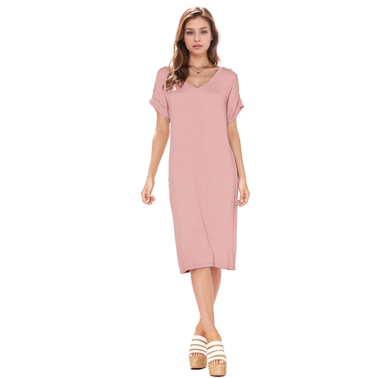 Women's V-Neck T-shirt Dress With Pocket