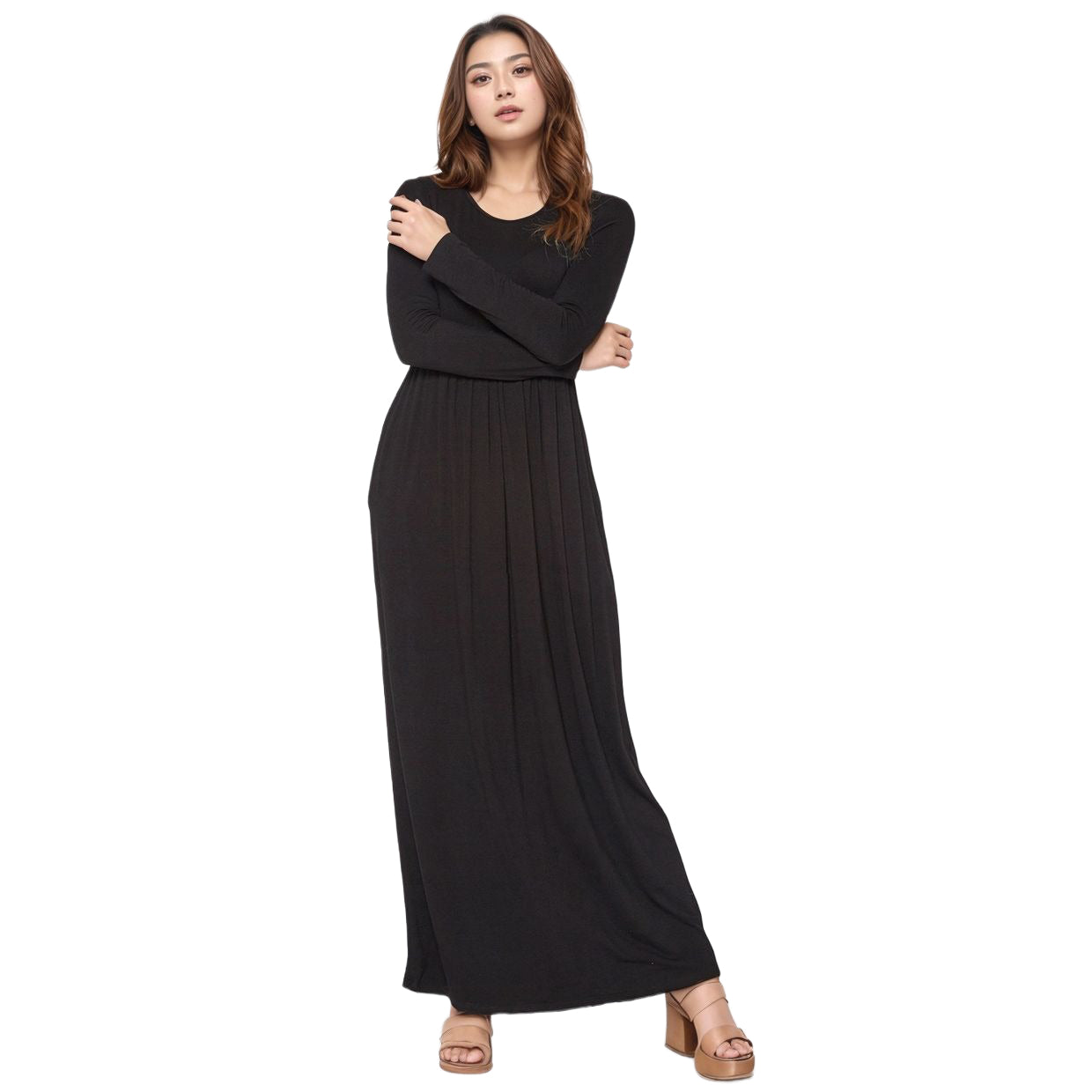 Women's Basic Long Sleeve Fit & Flare Maxi Dress