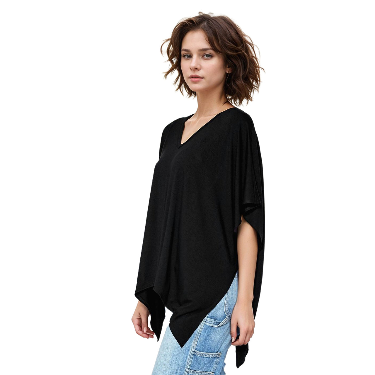 Women's Basic V-Neck Poncho Styled Tunic