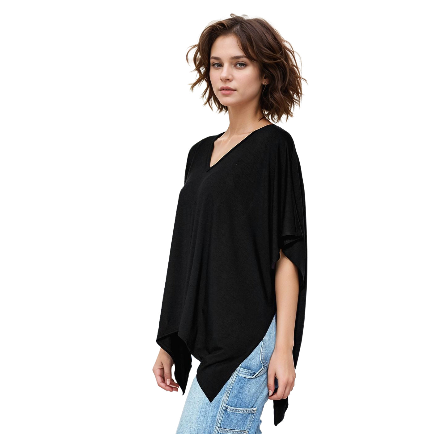Women's Basic V-Neck Poncho Styled Tunic