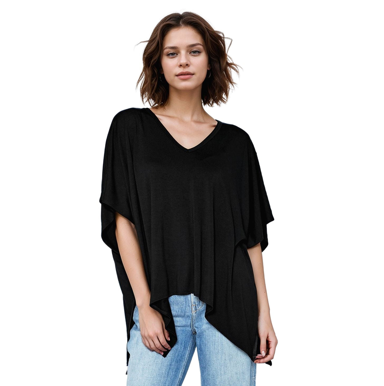 Women's Basic V-Neck Poncho Styled Tunic
