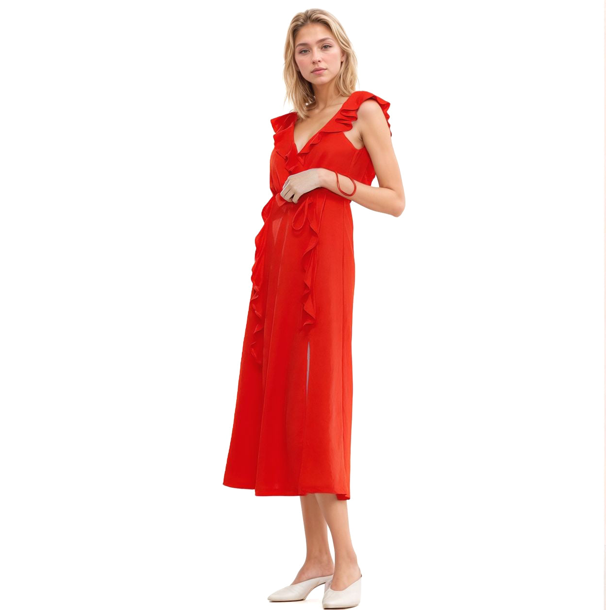 Women's Ruffle Trim Wrapped Maxi Dress in Red