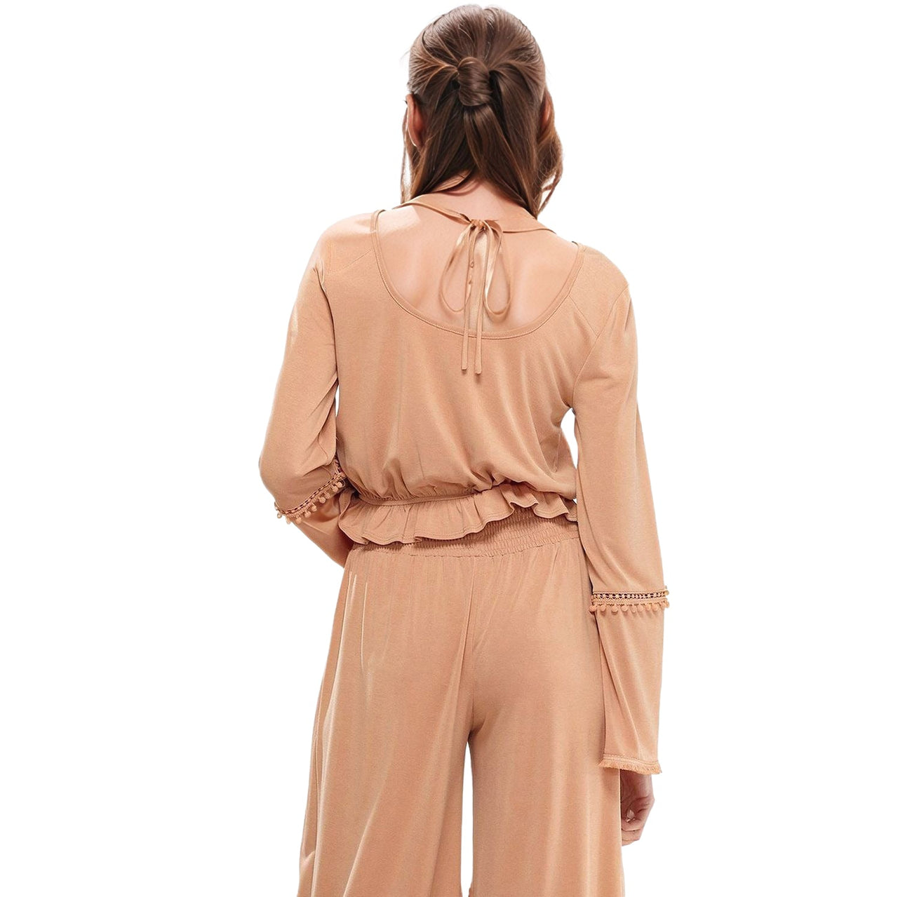 Women's Fringe Cuff Bell Sleeve Top in Apricot