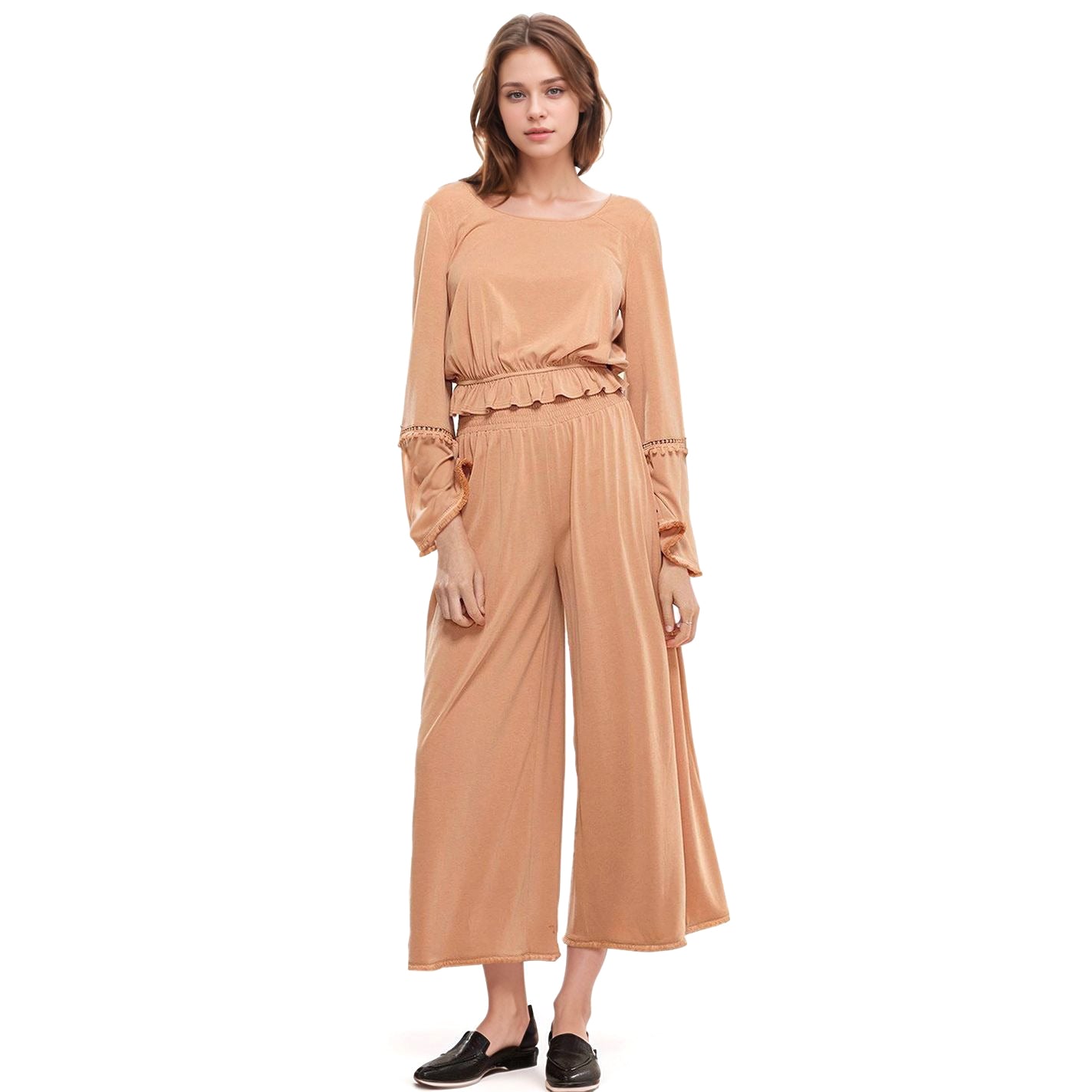 Women's Smocked Waist Wide Leg Palazzo Pants in Apricot