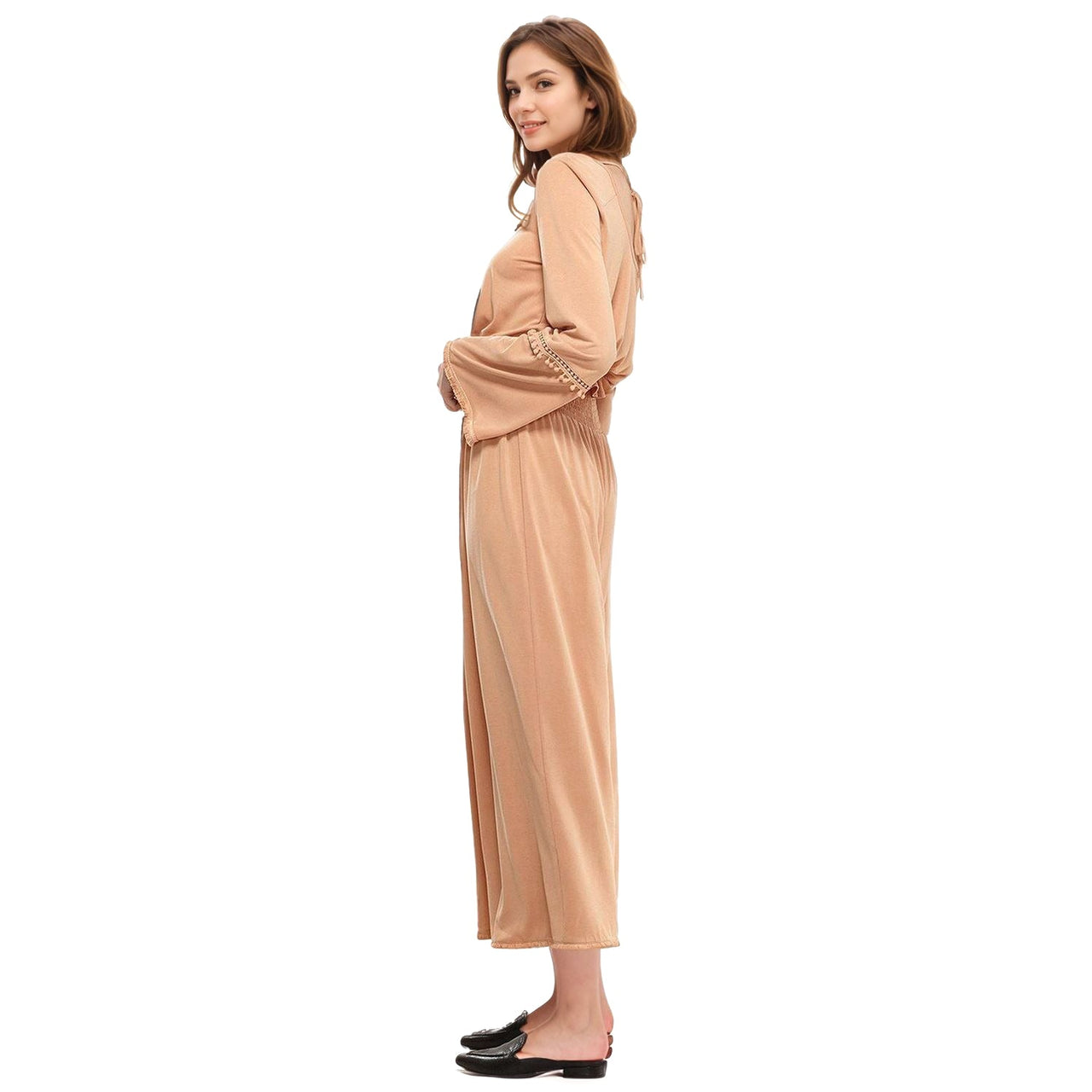 Women's Smocked Waist Wide Leg Palazzo Pants in Apricot