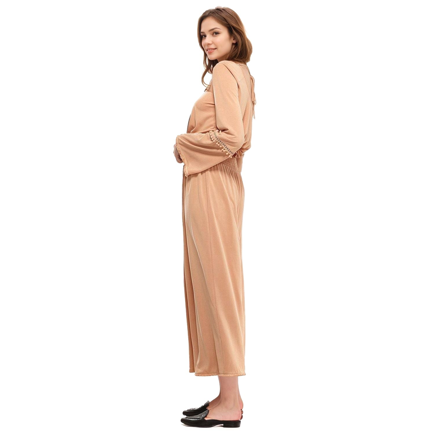 Women's Smocked Waist Wide Leg Palazzo Pants in Apricot