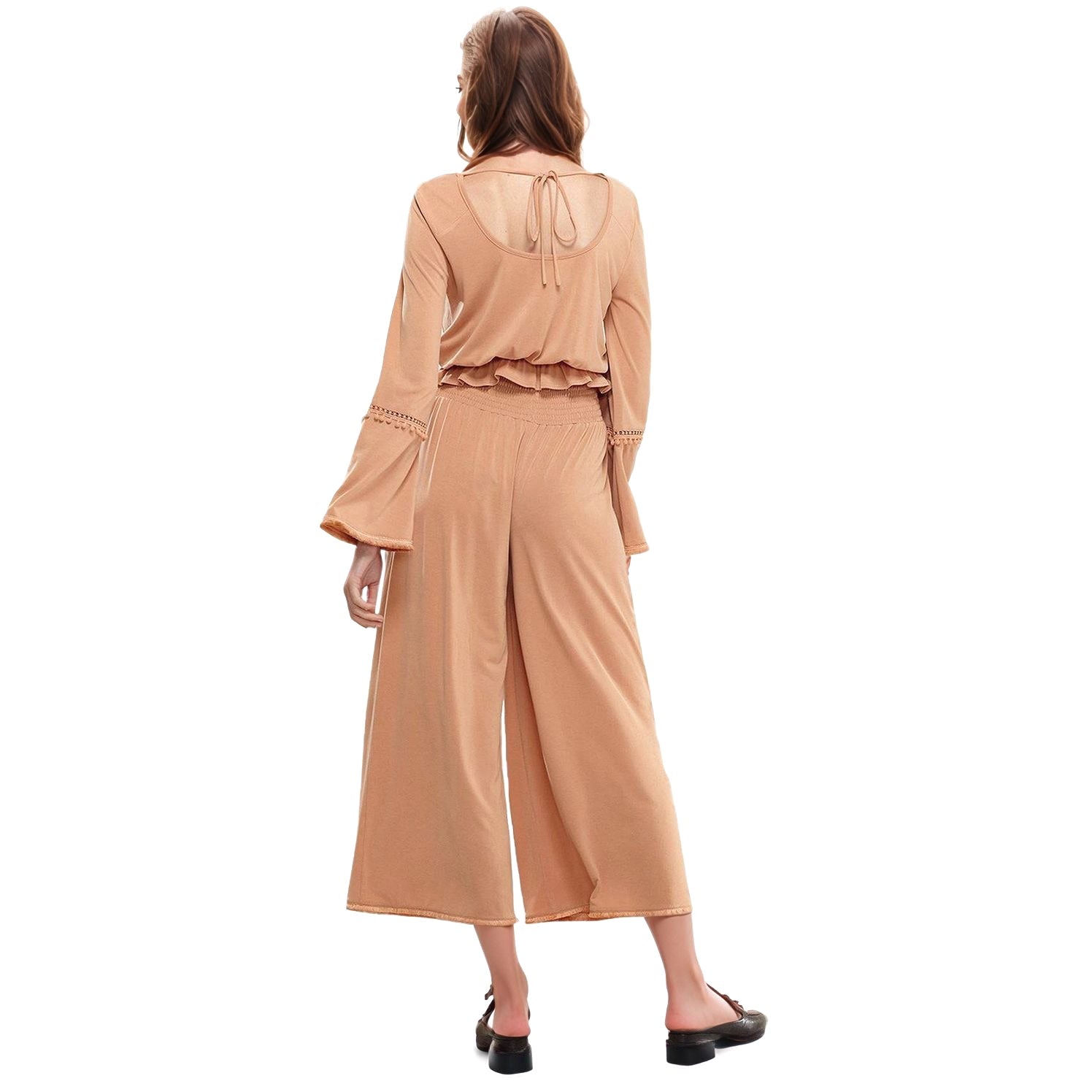 Women's Smocked Waist Wide Leg Palazzo Pants in Apricot