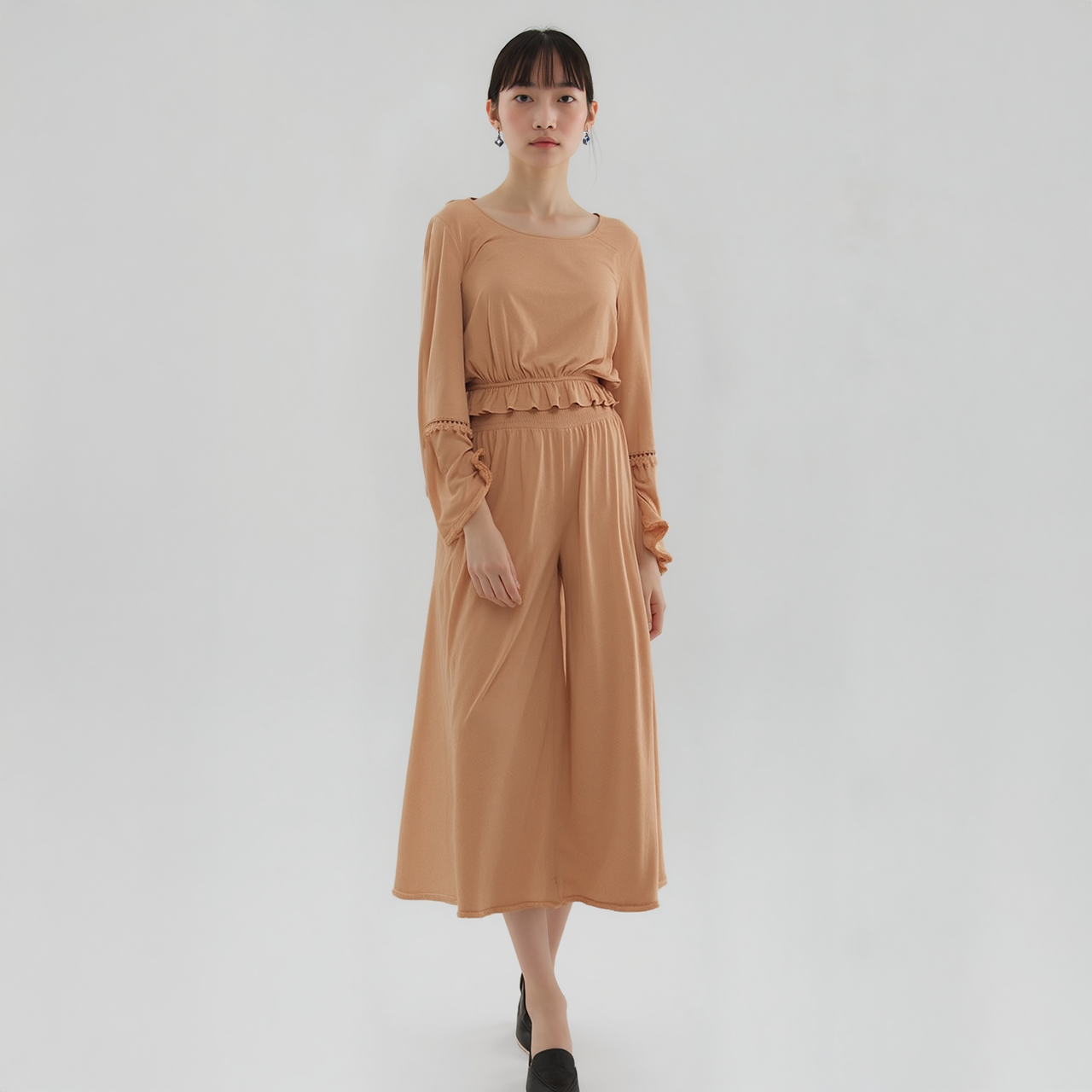 Women's Smocked Waist Wide Leg Palazzo Pants in Apricot