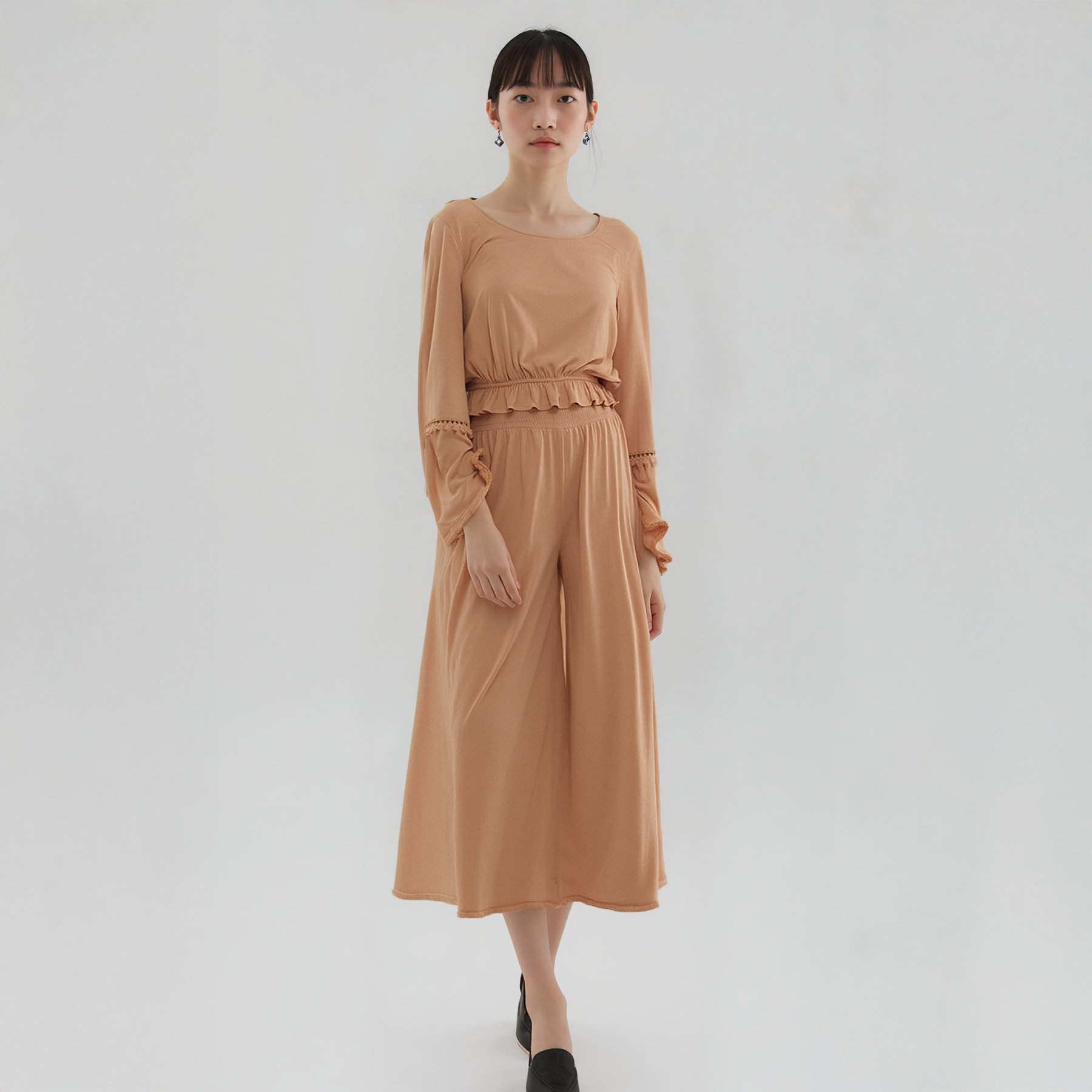Women's Smocked Waist Wide Leg Palazzo Pants in Apricot