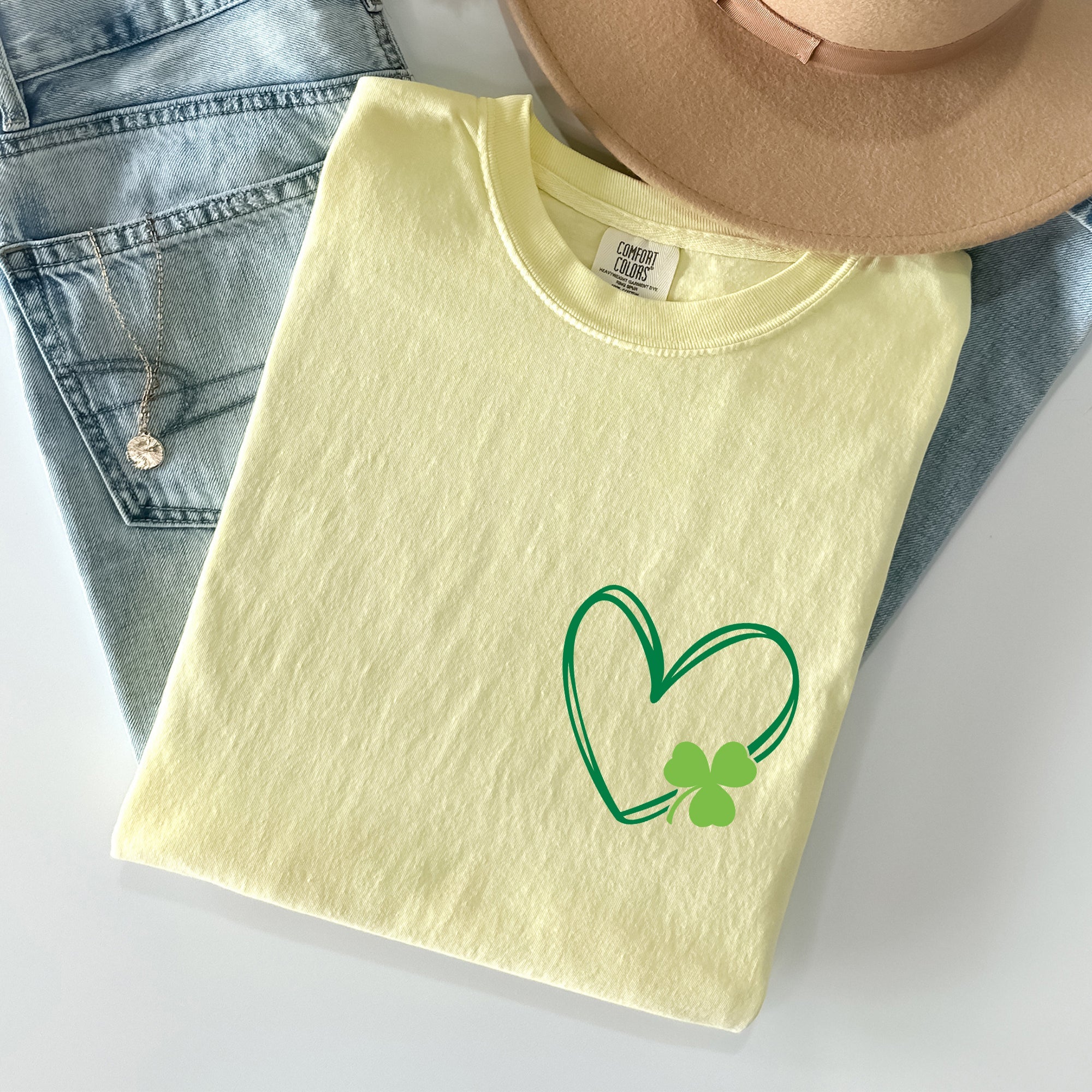 Double Heart With Shamrock Pocket Print St Patrick's Day Edition Comfort Colors Tee