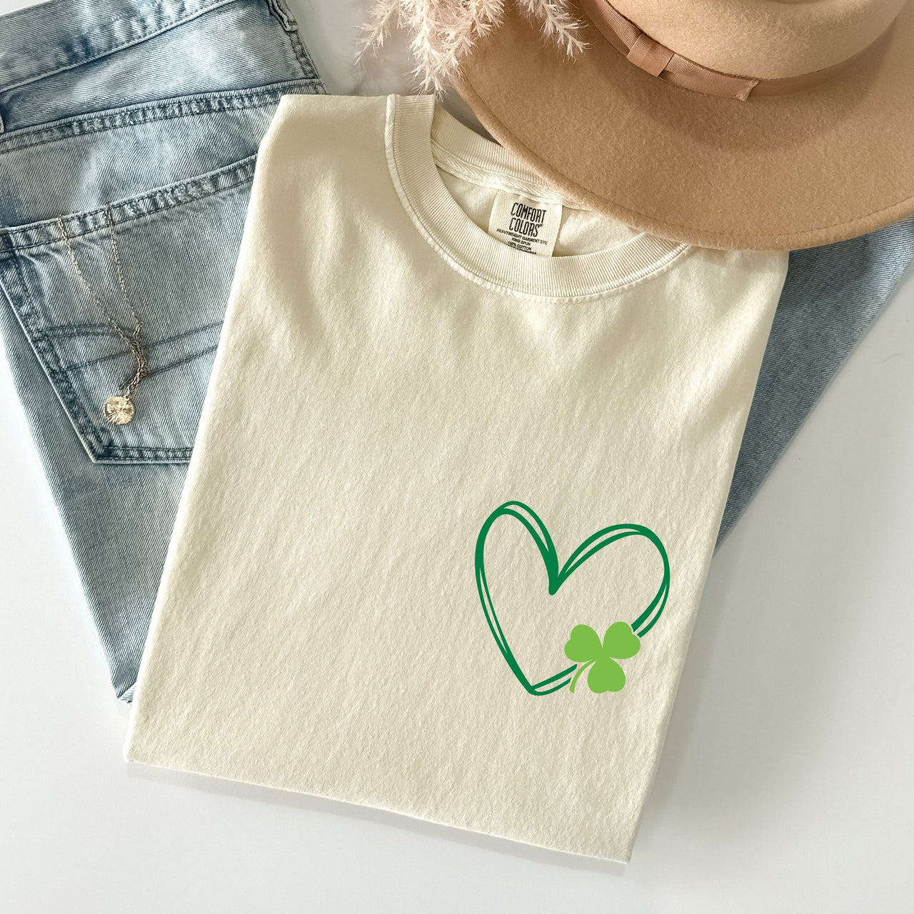 Double Heart With Shamrock Pocket Print St Patrick's Day Edition Comfort Colors Tee