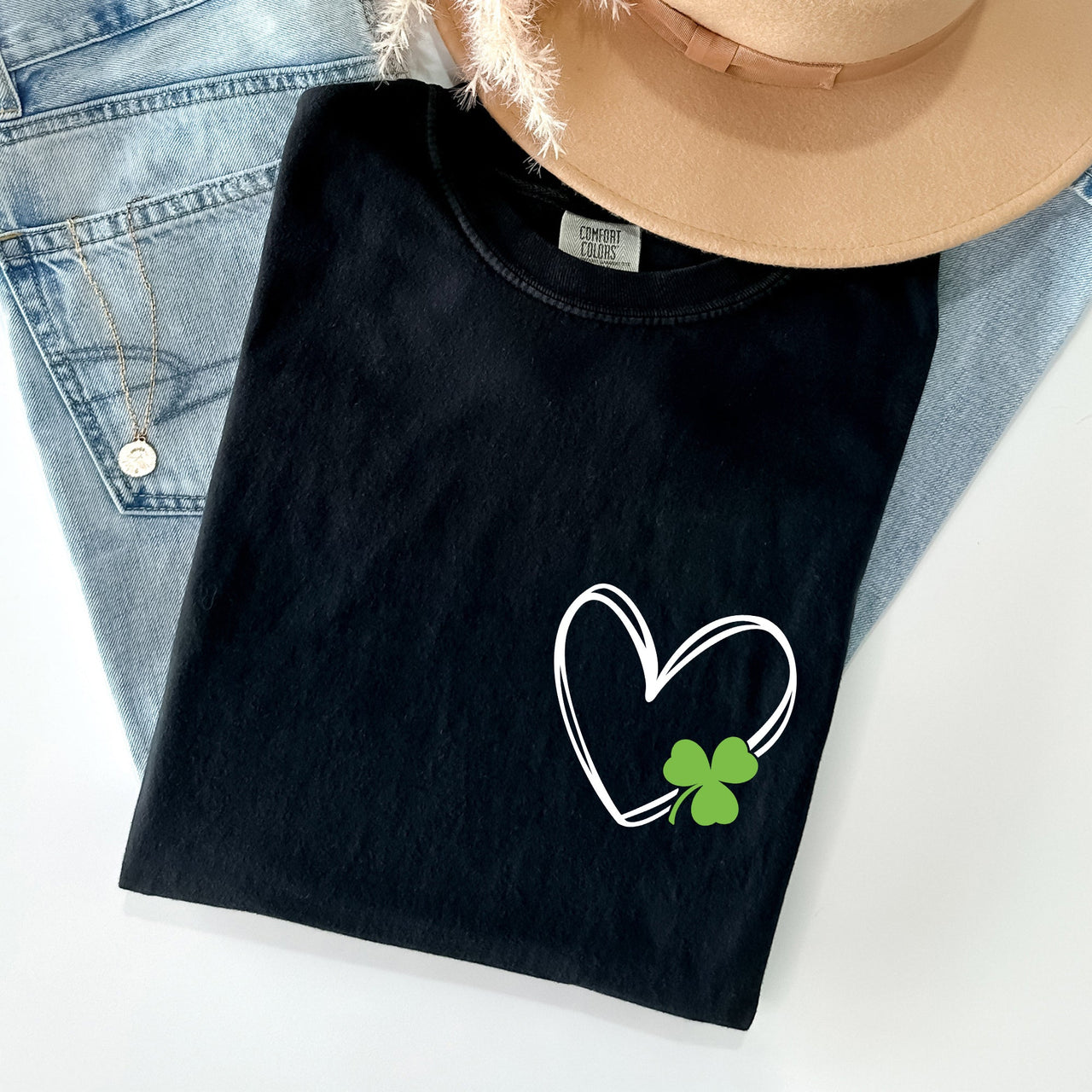 Double Heart With Shamrock Pocket Print St Patrick's Day Edition Comfort Colors Tee