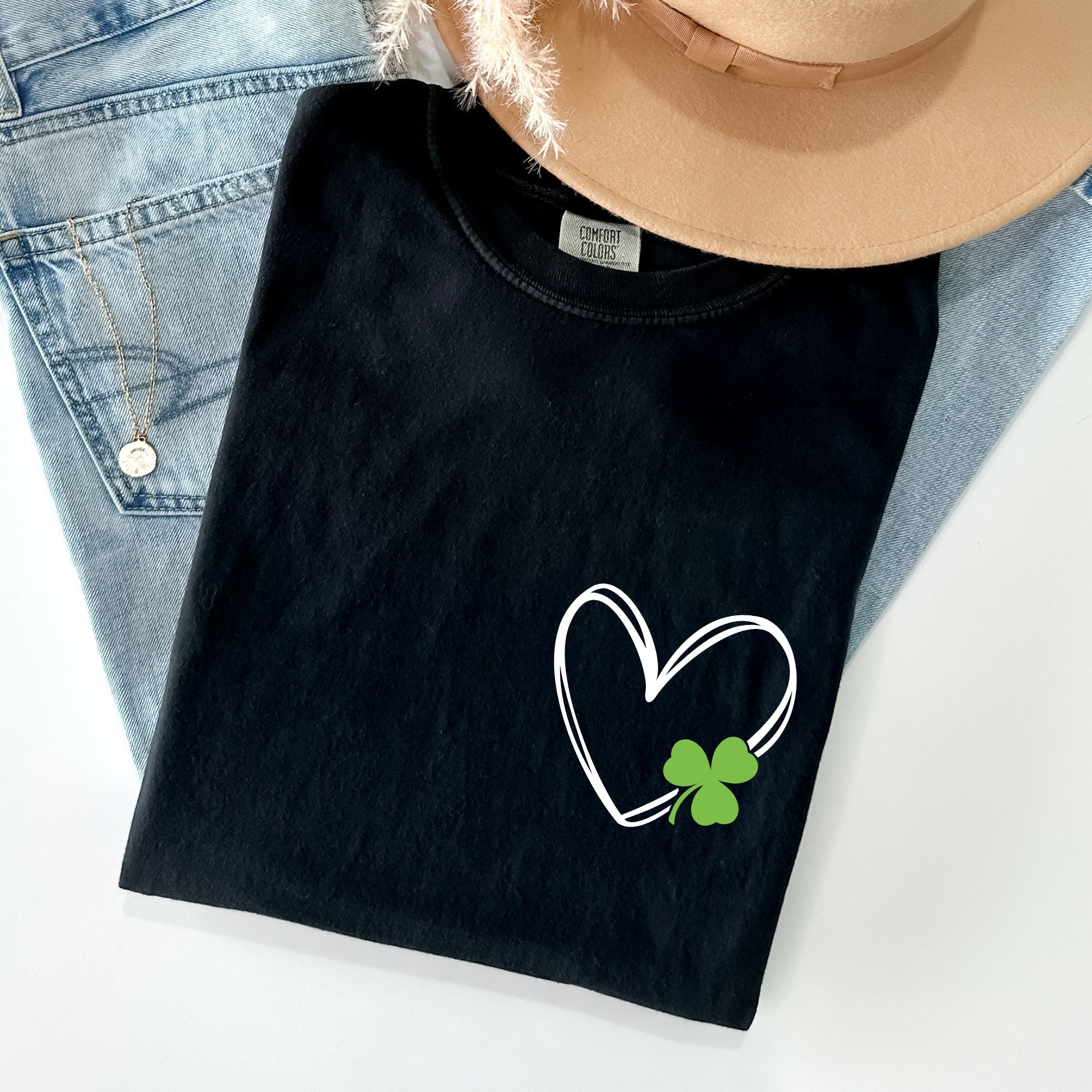 Double Heart With Shamrock Pocket Print St Patrick's Day Edition Comfort Colors Tee