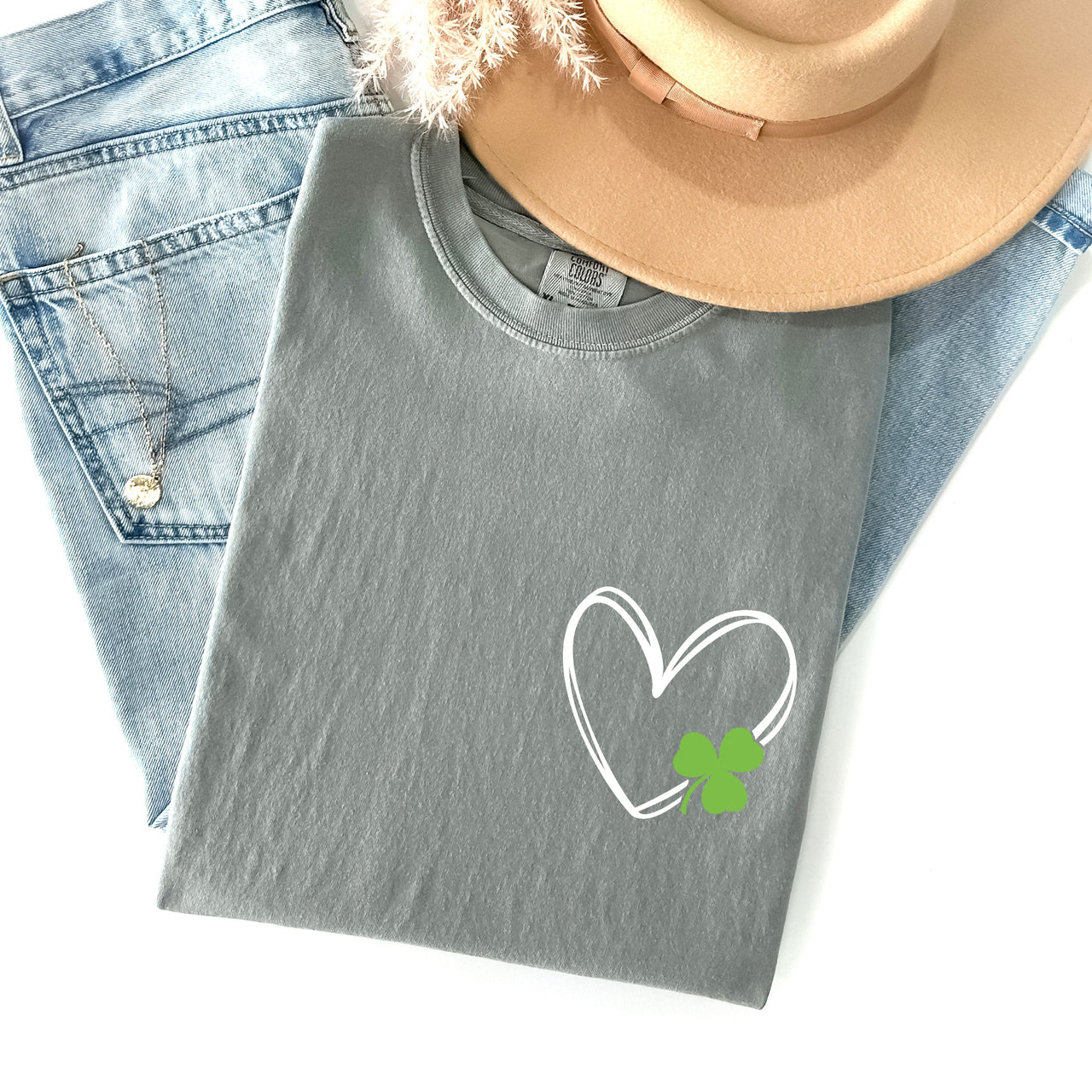 Double Heart With Shamrock Pocket Print St Patrick's Day Edition Comfort Colors Tee