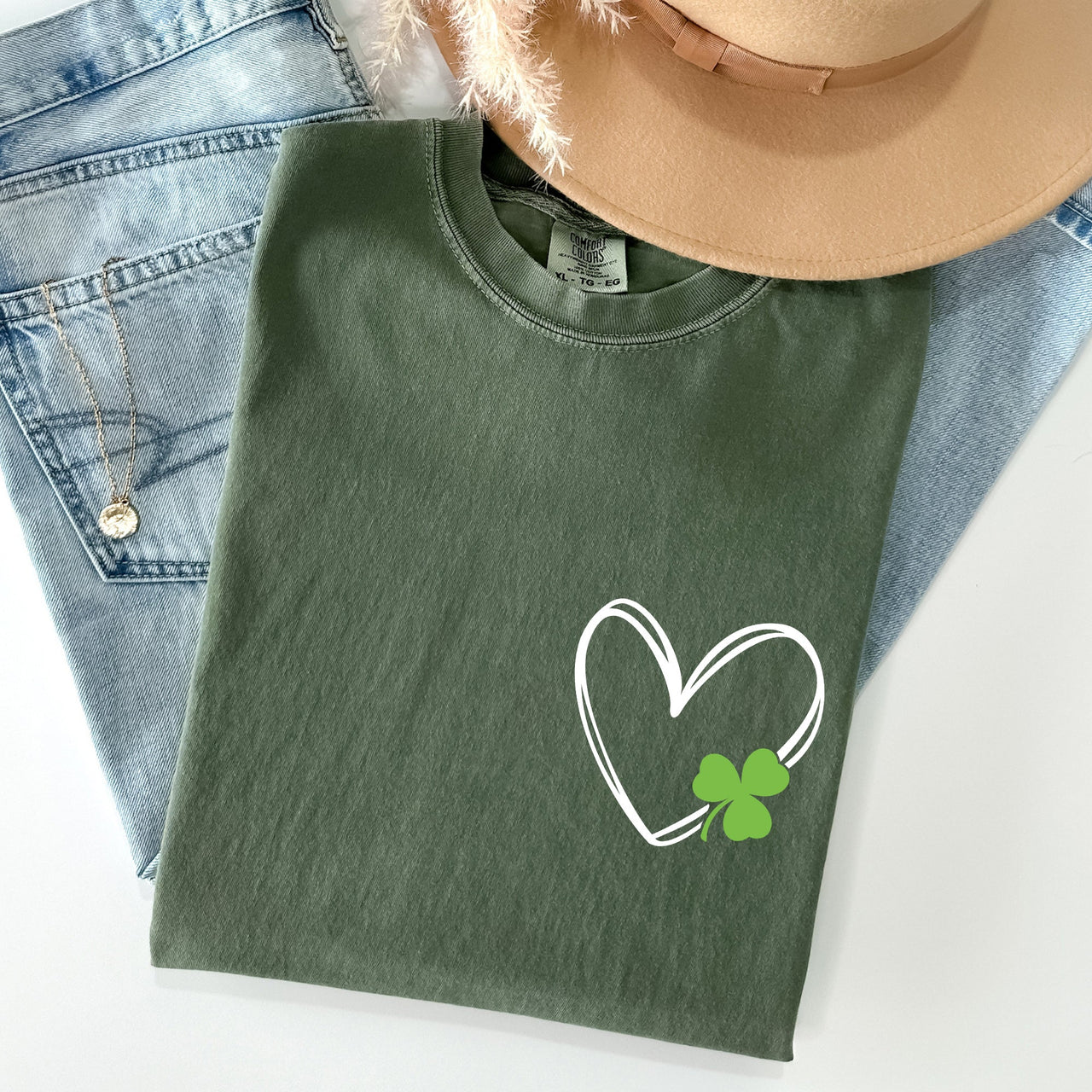 Double Heart With Shamrock Pocket Print St Patrick's Day Edition Comfort Colors Tee