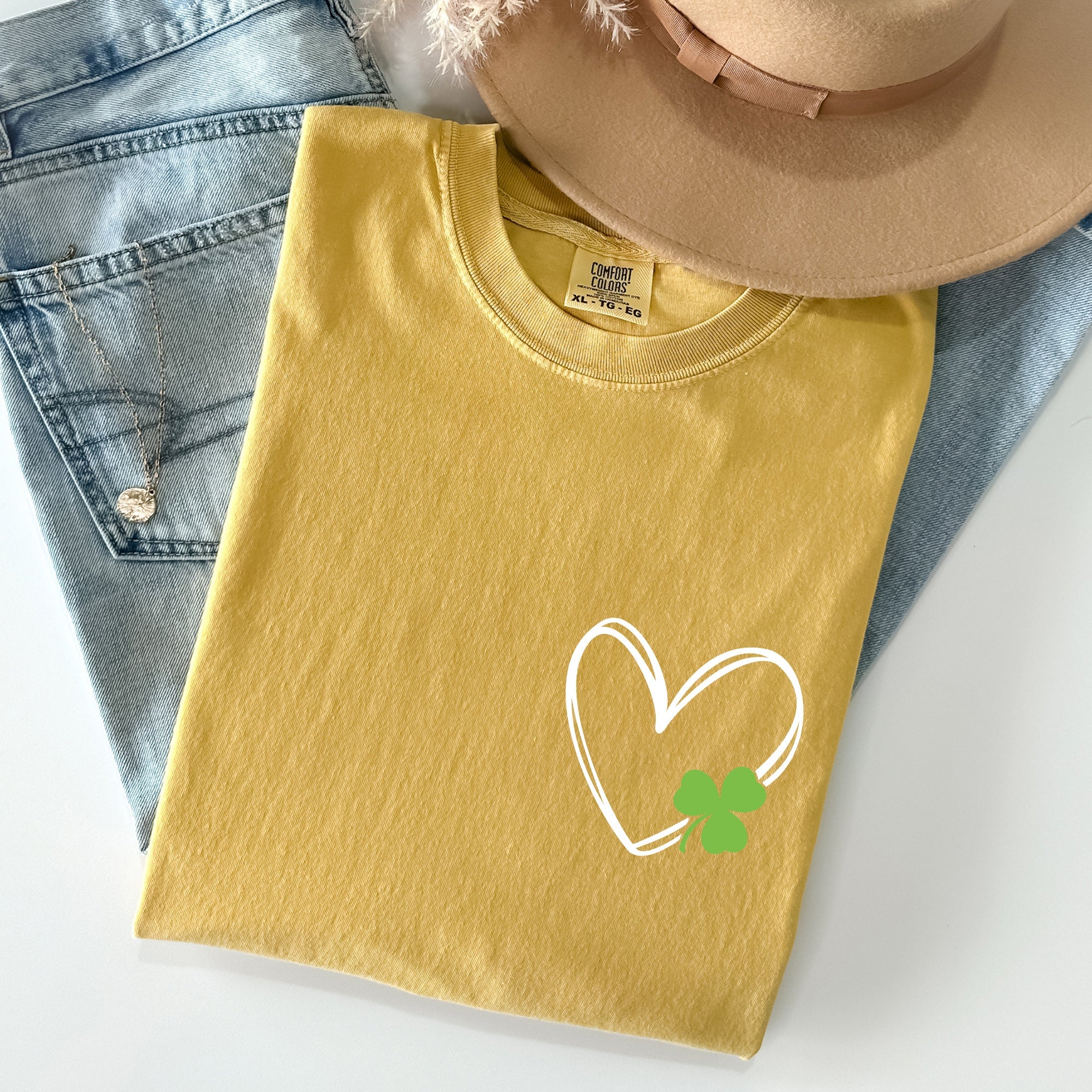 Double Heart With Shamrock Pocket Print St Patrick's Day Edition Comfort Colors Tee