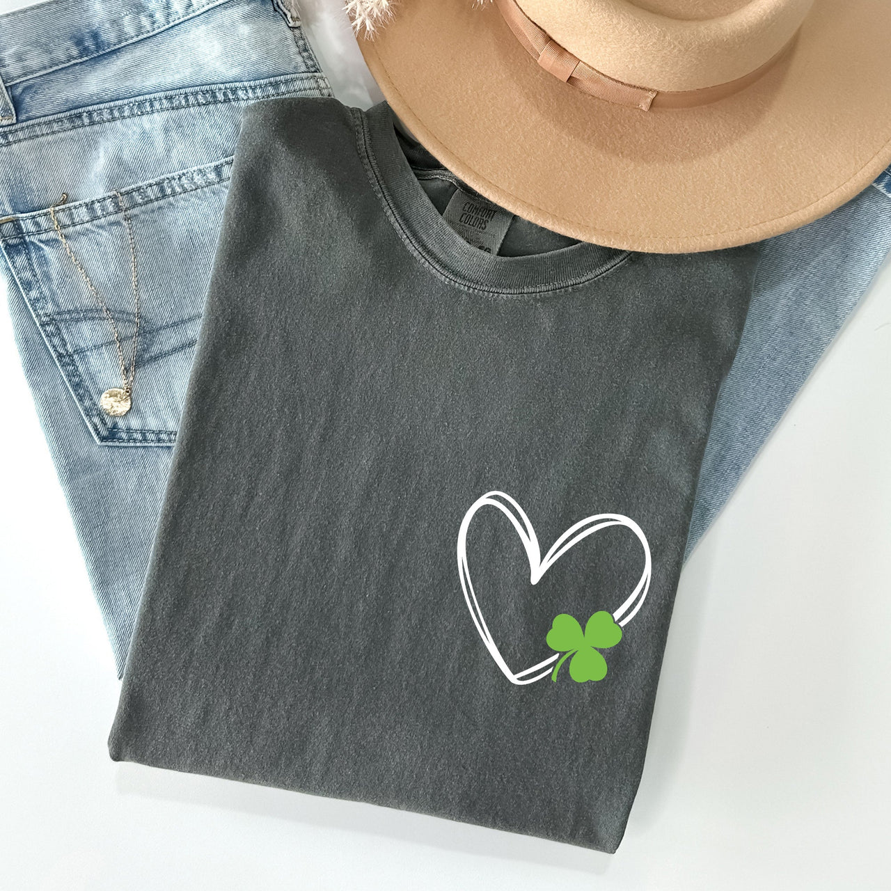 Double Heart With Shamrock Pocket Print St Patrick's Day Edition Comfort Colors Tee