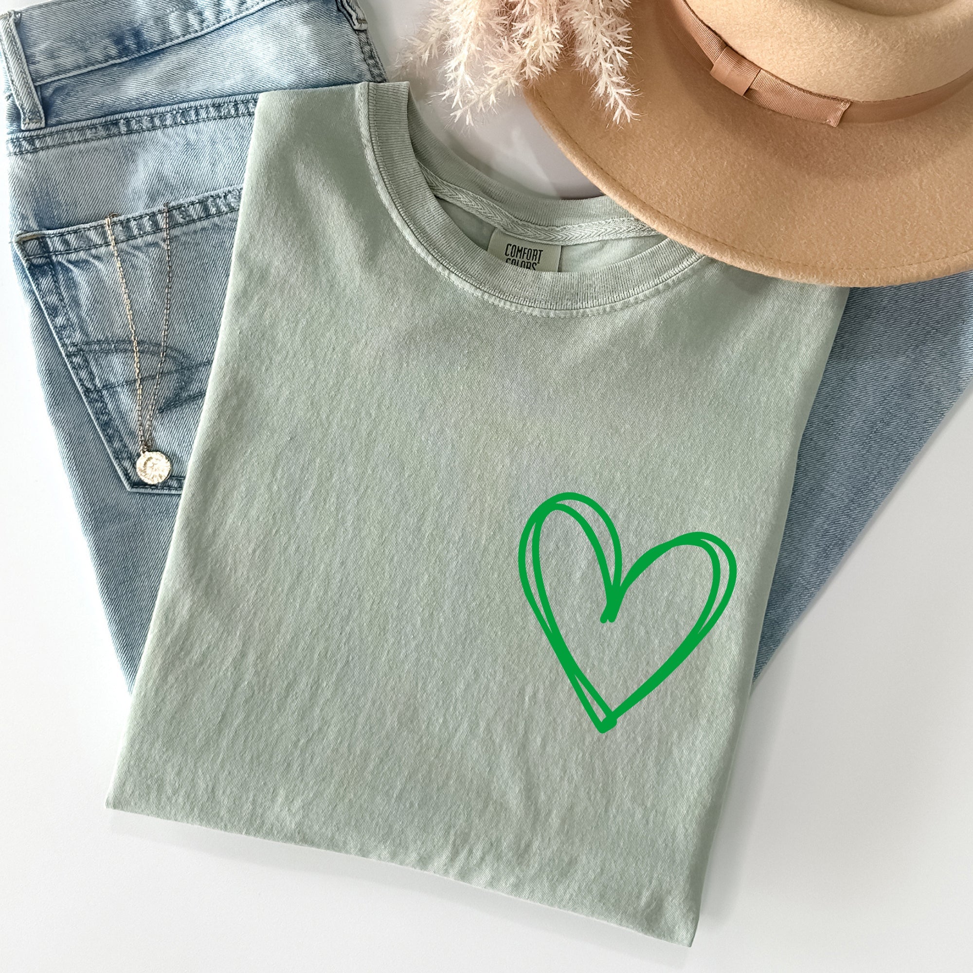 Double Heart, Pocket Print, St Patrick's Day Edition With Celtic Charm Comfort Colors Tee