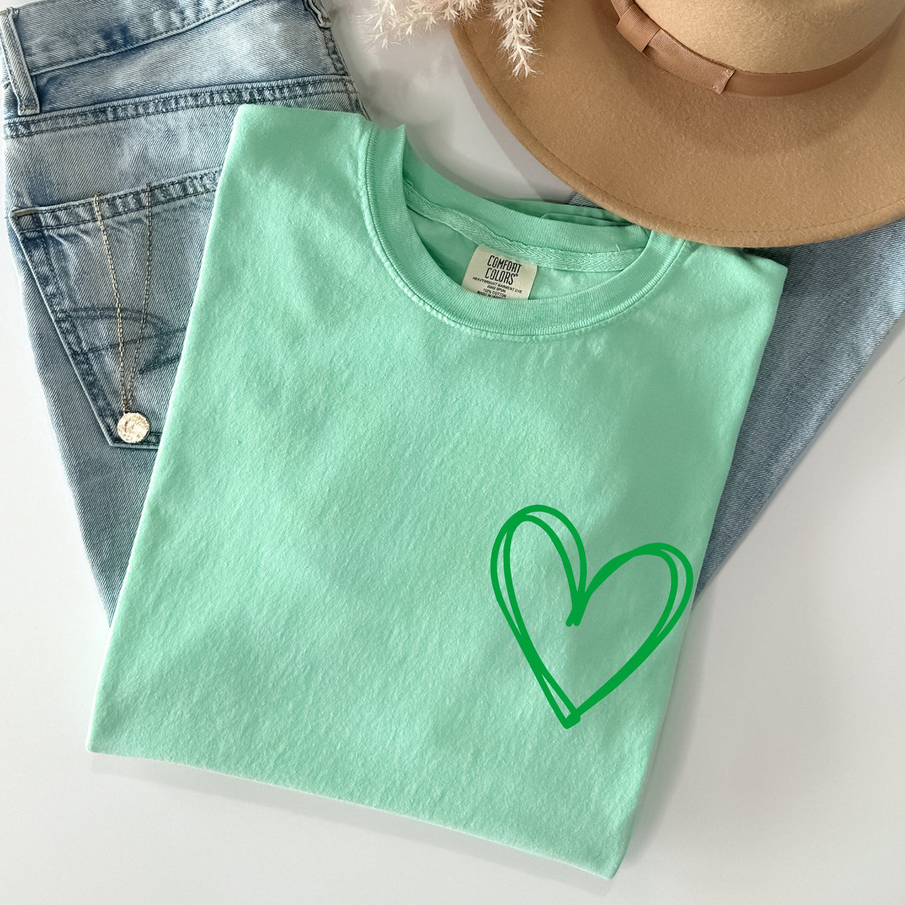 Double Heart, Pocket Print, St Patrick's Day Edition With Celtic Charm Comfort Colors Tee