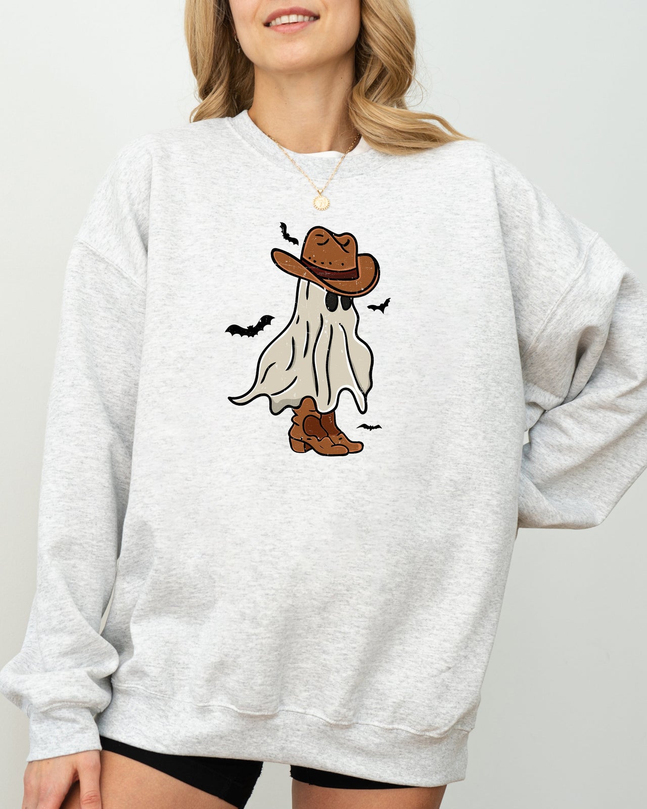 Mini Cowboy Ghost Hand-Drawn Western Fantasy Graphic Vintage Illustration Sweatshirt