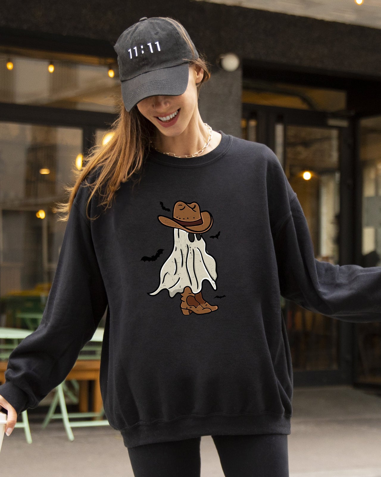 Mini Cowboy Ghost Hand-Drawn Western Fantasy Graphic Vintage Illustration Sweatshirt