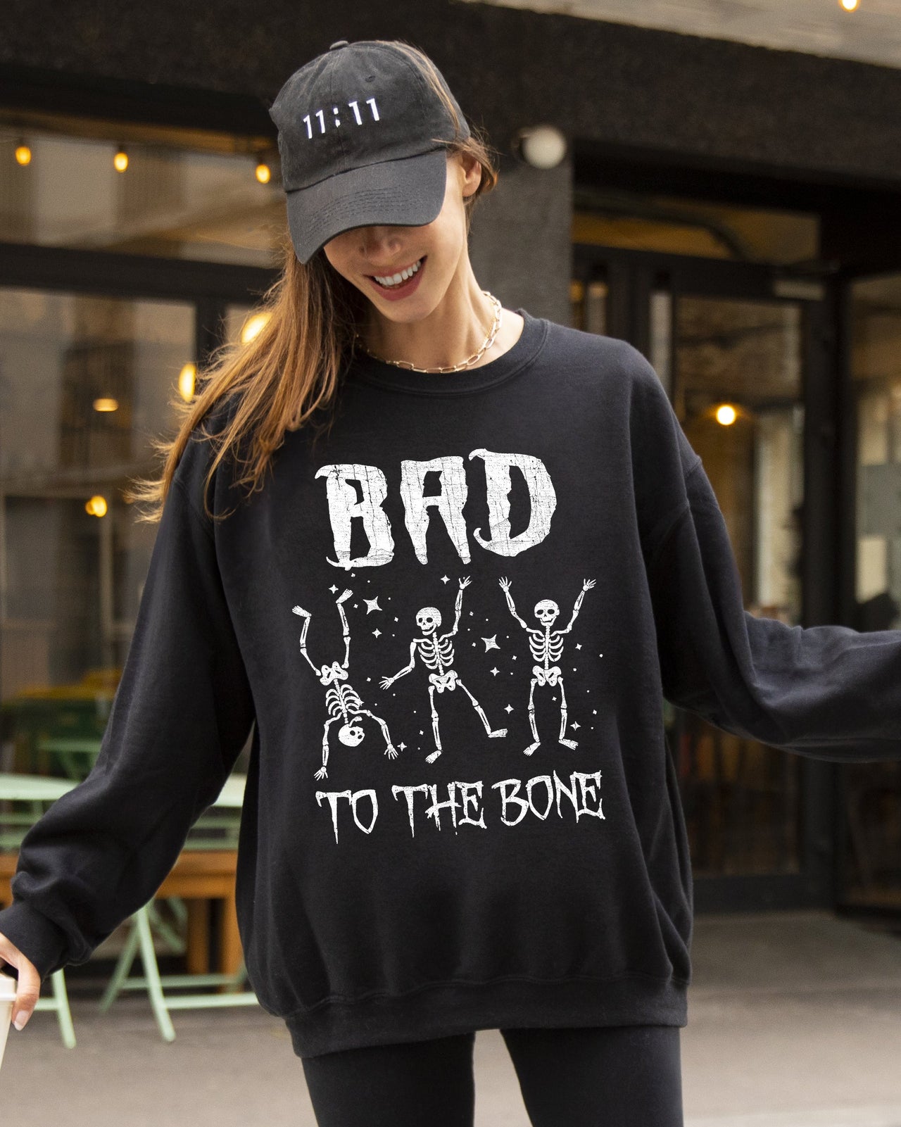 Bad To The Bone Skeleton Vintage Retro Graphic Design Statement Rockabilly Gothic Style Sweatshirt