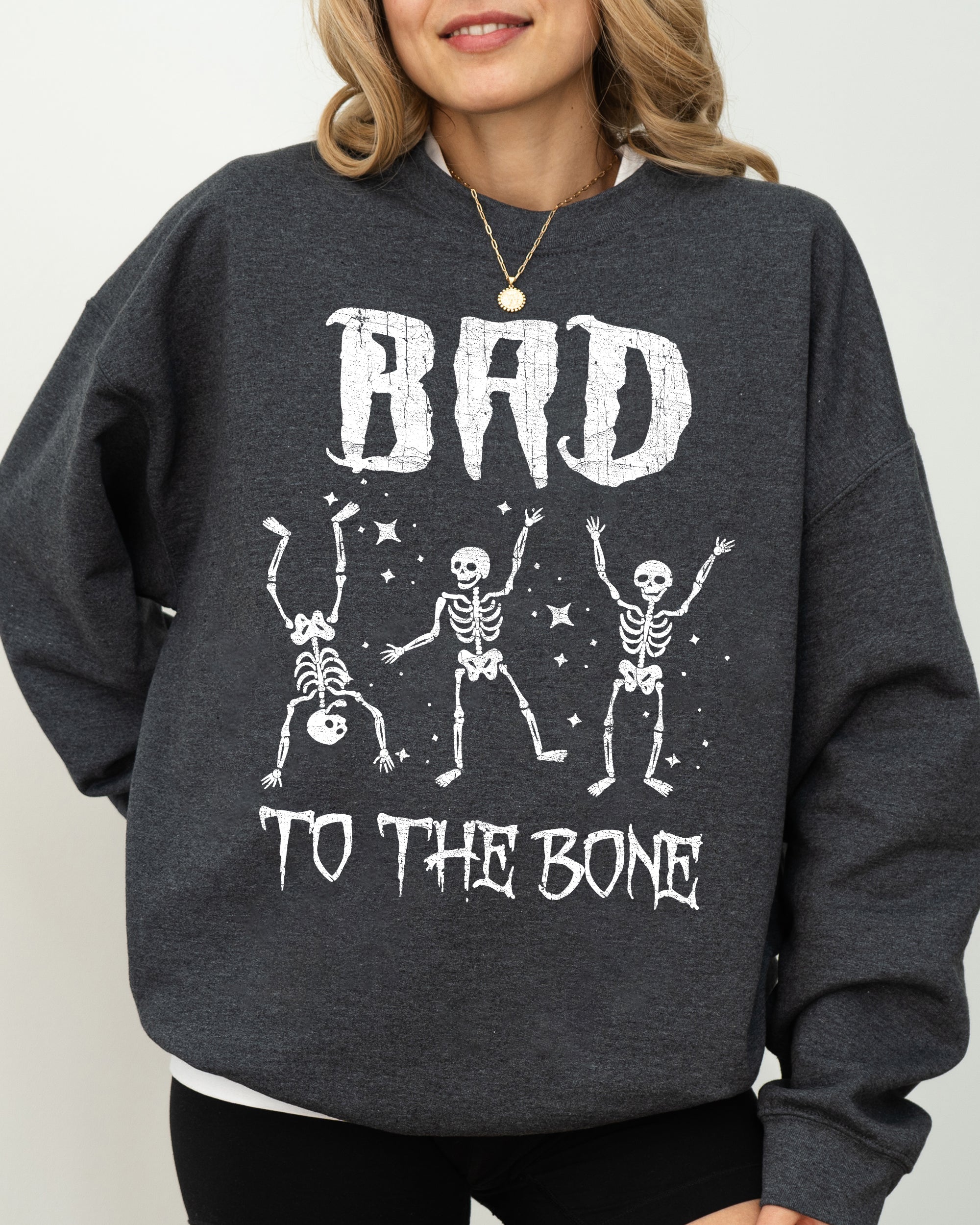 Bad To The Bone Skeleton Vintage Retro Graphic Design Statement Rockabilly Gothic Style Sweatshirt