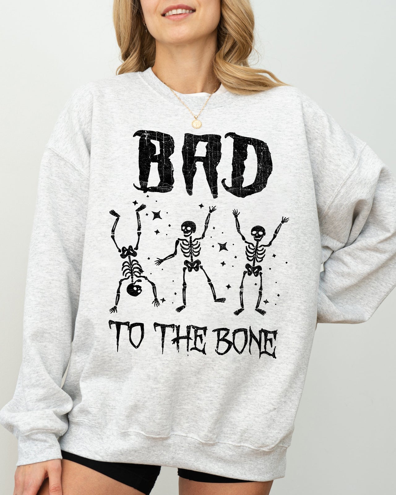Bad To The Bone Skeleton Vintage Retro Graphic Design Statement Rockabilly Gothic Style Sweatshirt