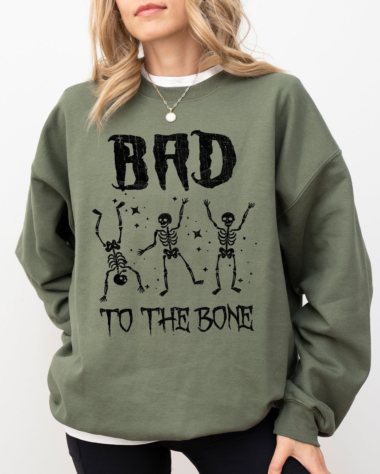 Bad To The Bone Skeleton Vintage Retro Graphic Design Statement Rockabilly Gothic Style Sweatshirt