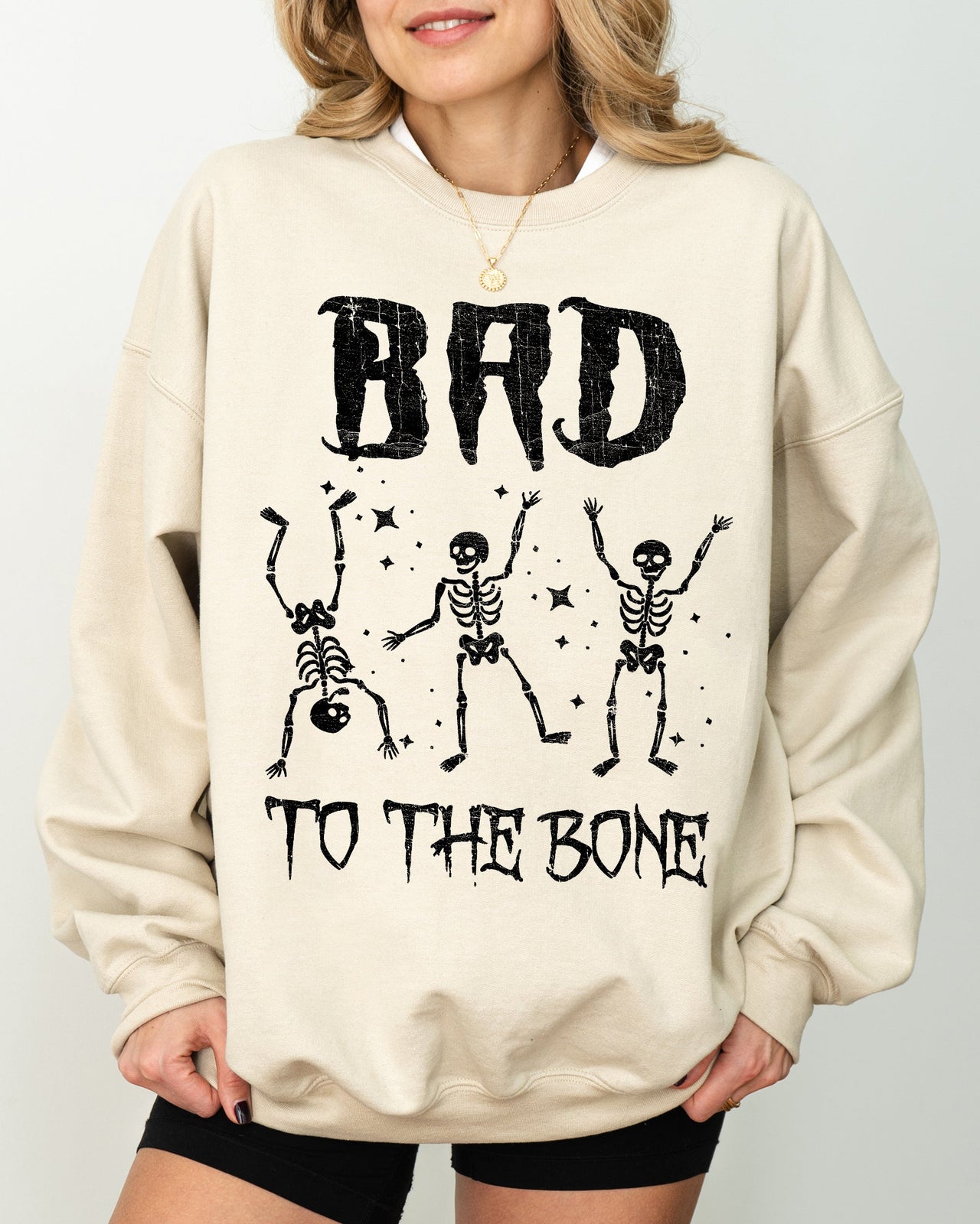 Bad To The Bone Skeleton Vintage Retro Graphic Design Statement Rockabilly Gothic Style Sweatshirt