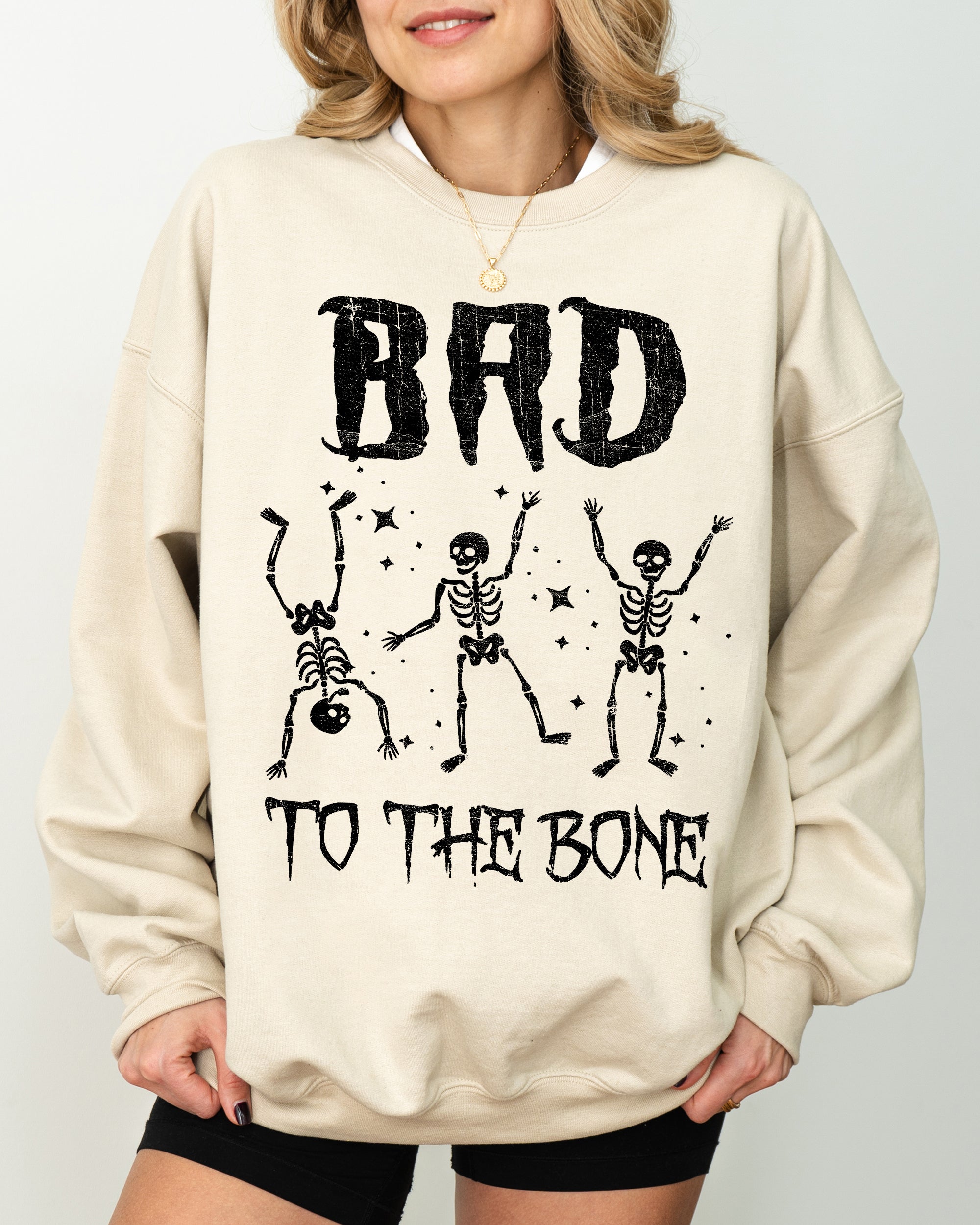 Bad To The Bone Skeleton Vintage Retro Graphic Design Statement Rockabilly Gothic Style Sweatshirt