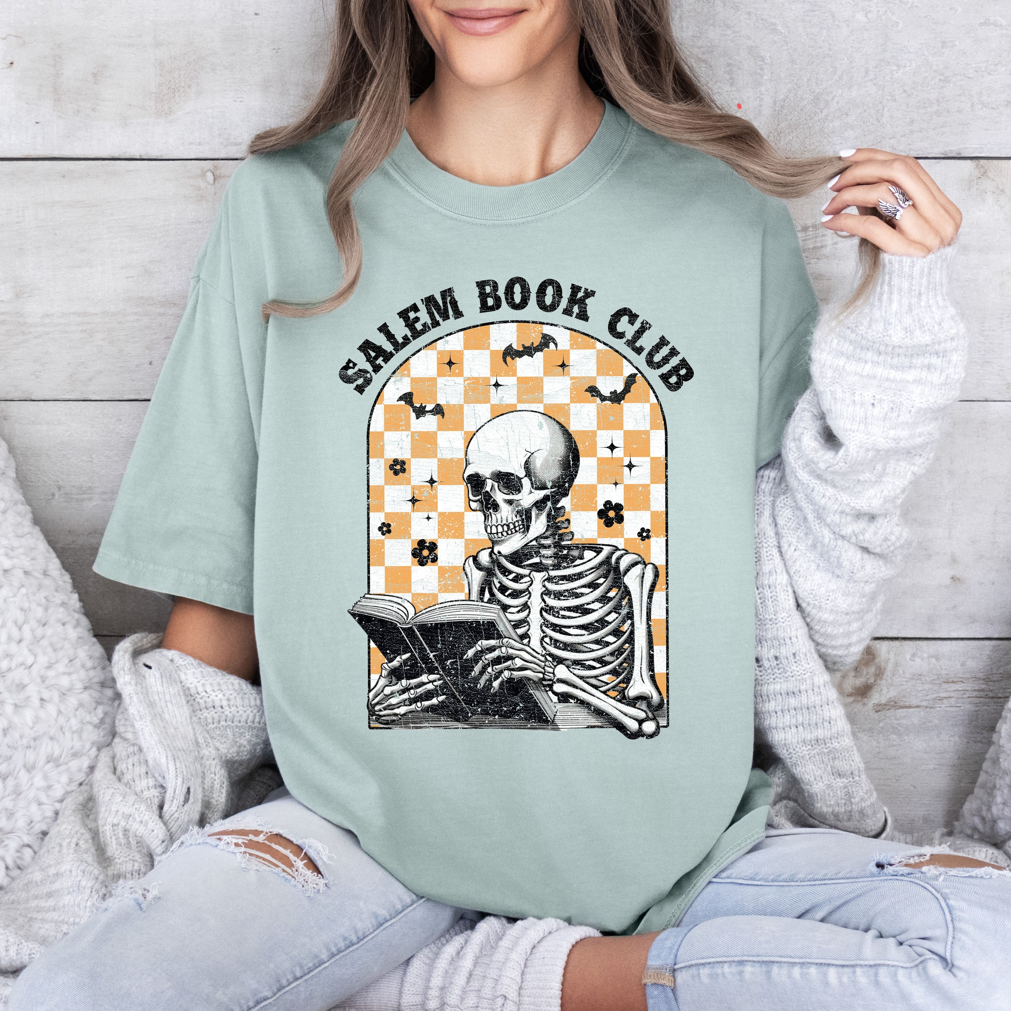 Salem Book Club Skeleton Checkered Retro Limited Deluxe Edition Comfort Colors Tee