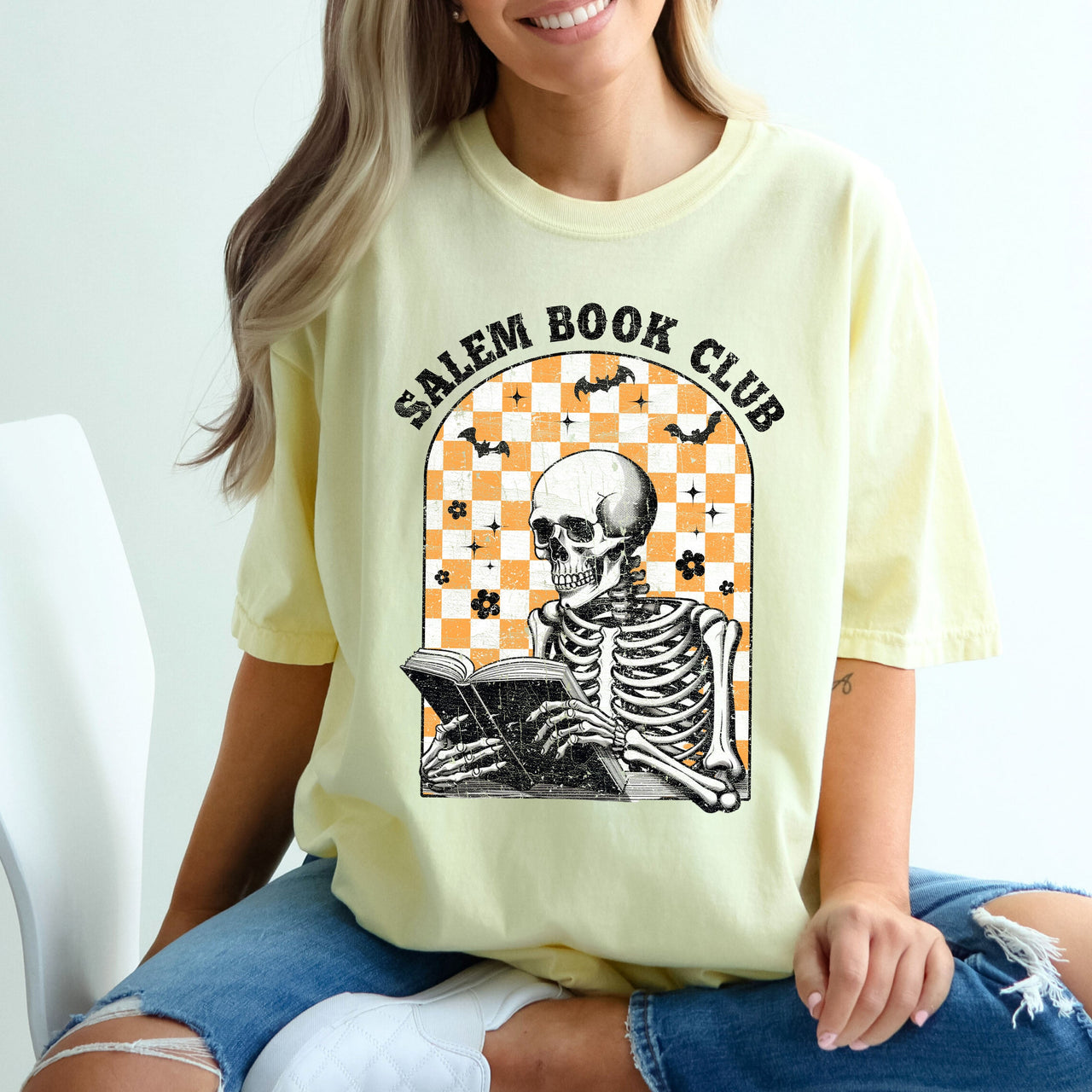 Salem Book Club Skeleton Checkered Retro Limited Deluxe Edition Comfort Colors Tee