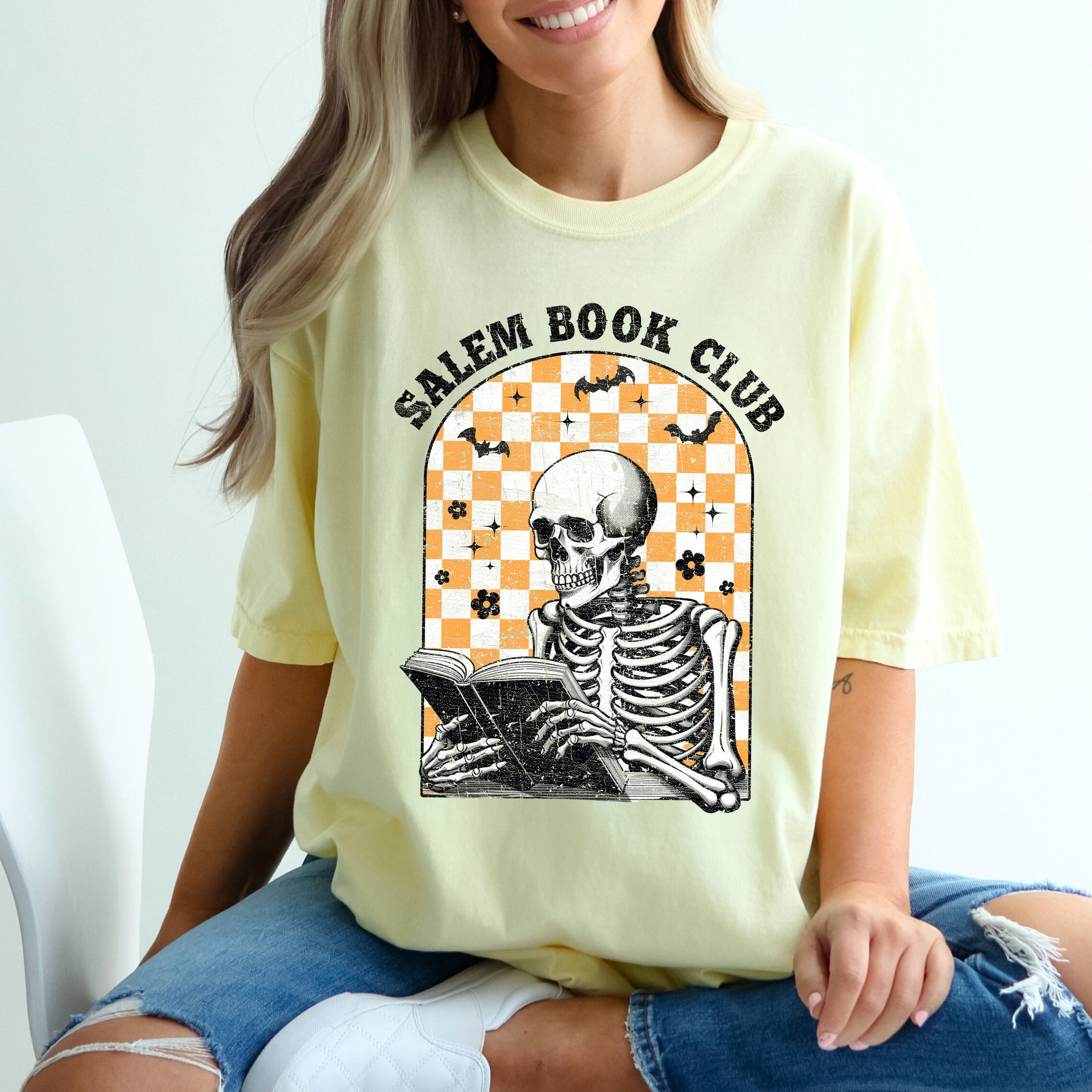 Salem Book Club Skeleton Checkered Retro Limited Deluxe Edition Comfort Colors Tee