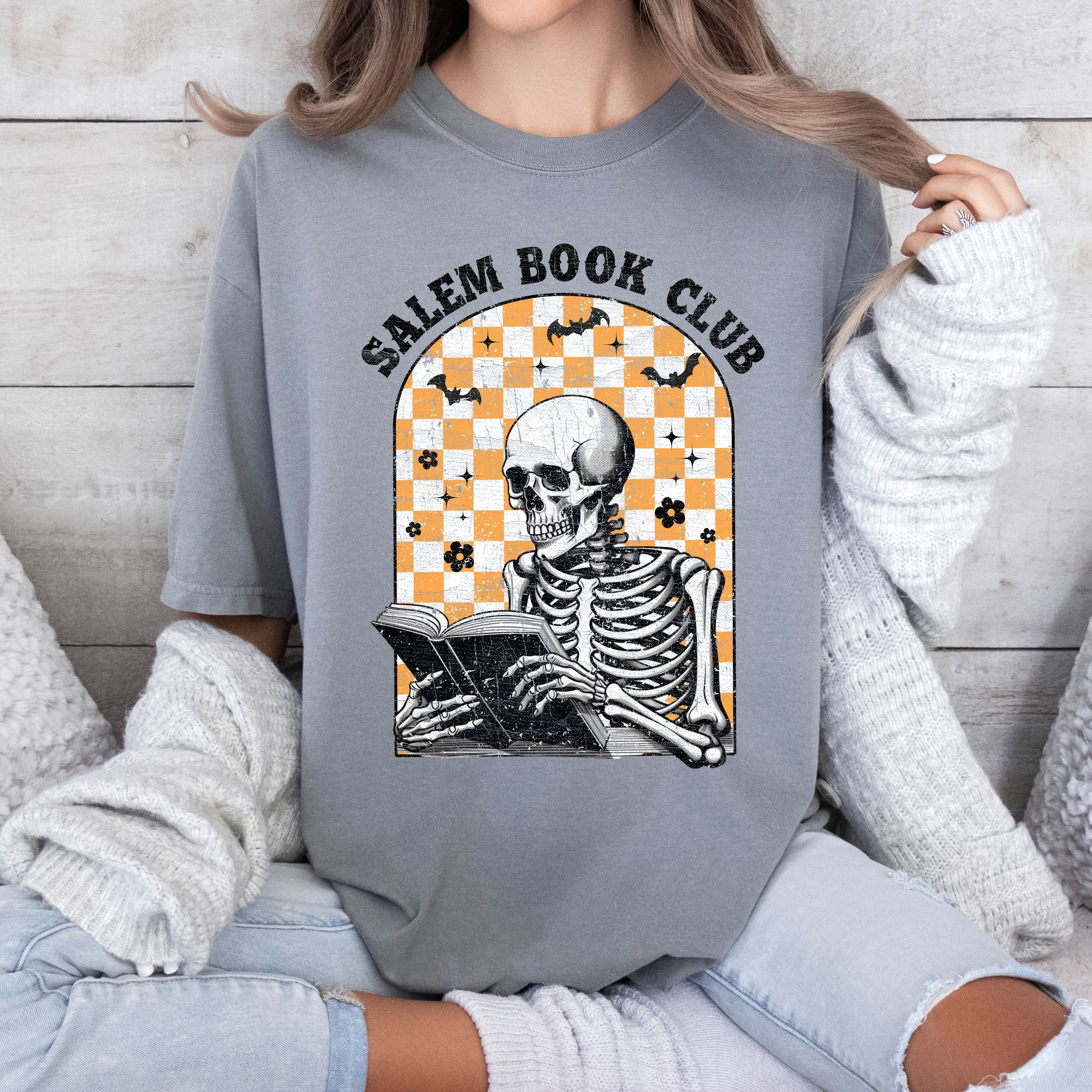 Salem Book Club Skeleton Checkered Retro Limited Deluxe Edition Comfort Colors Tee
