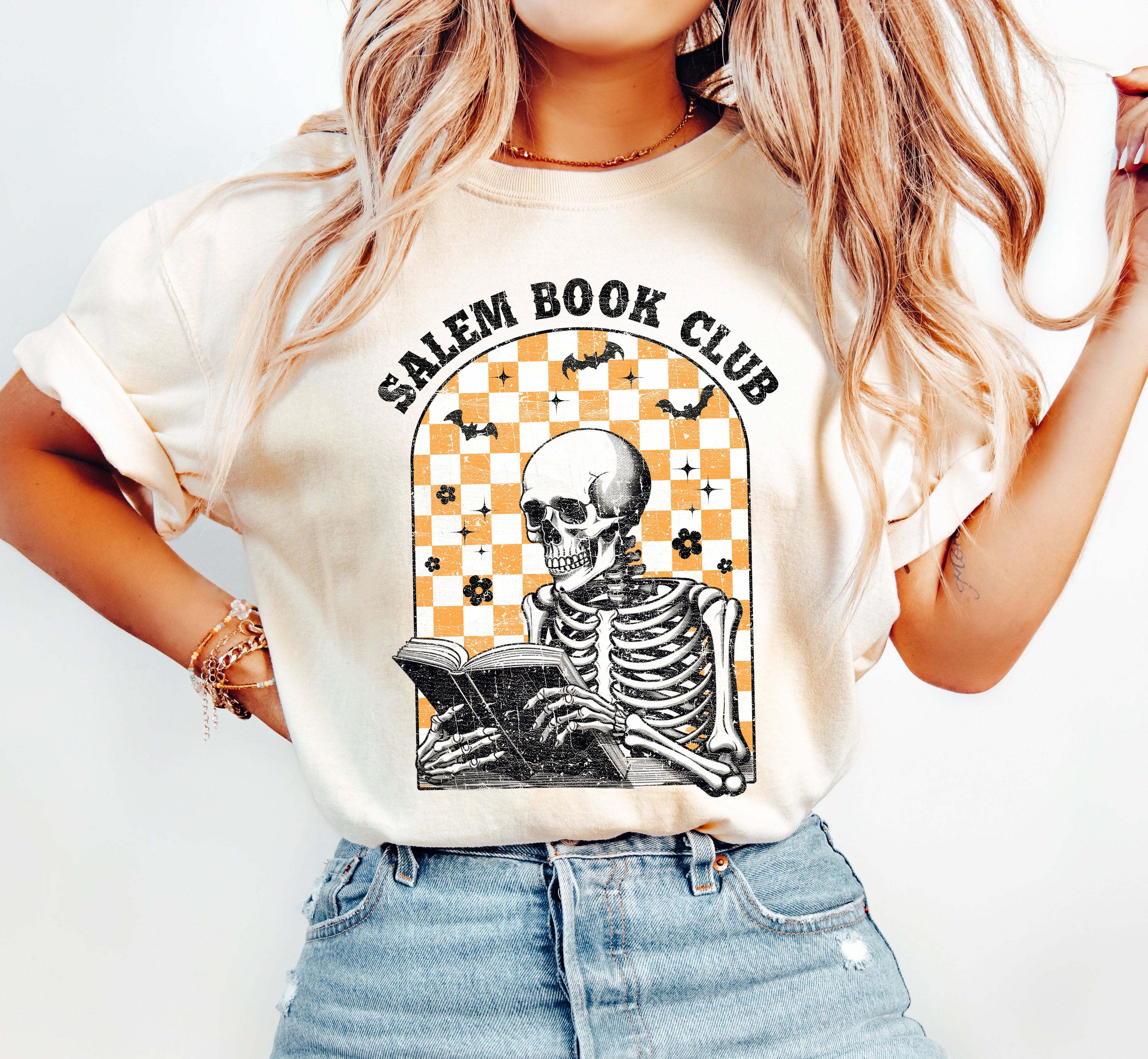 Salem Book Club Skeleton Checkered Retro Limited Deluxe Edition Comfort Colors Tee