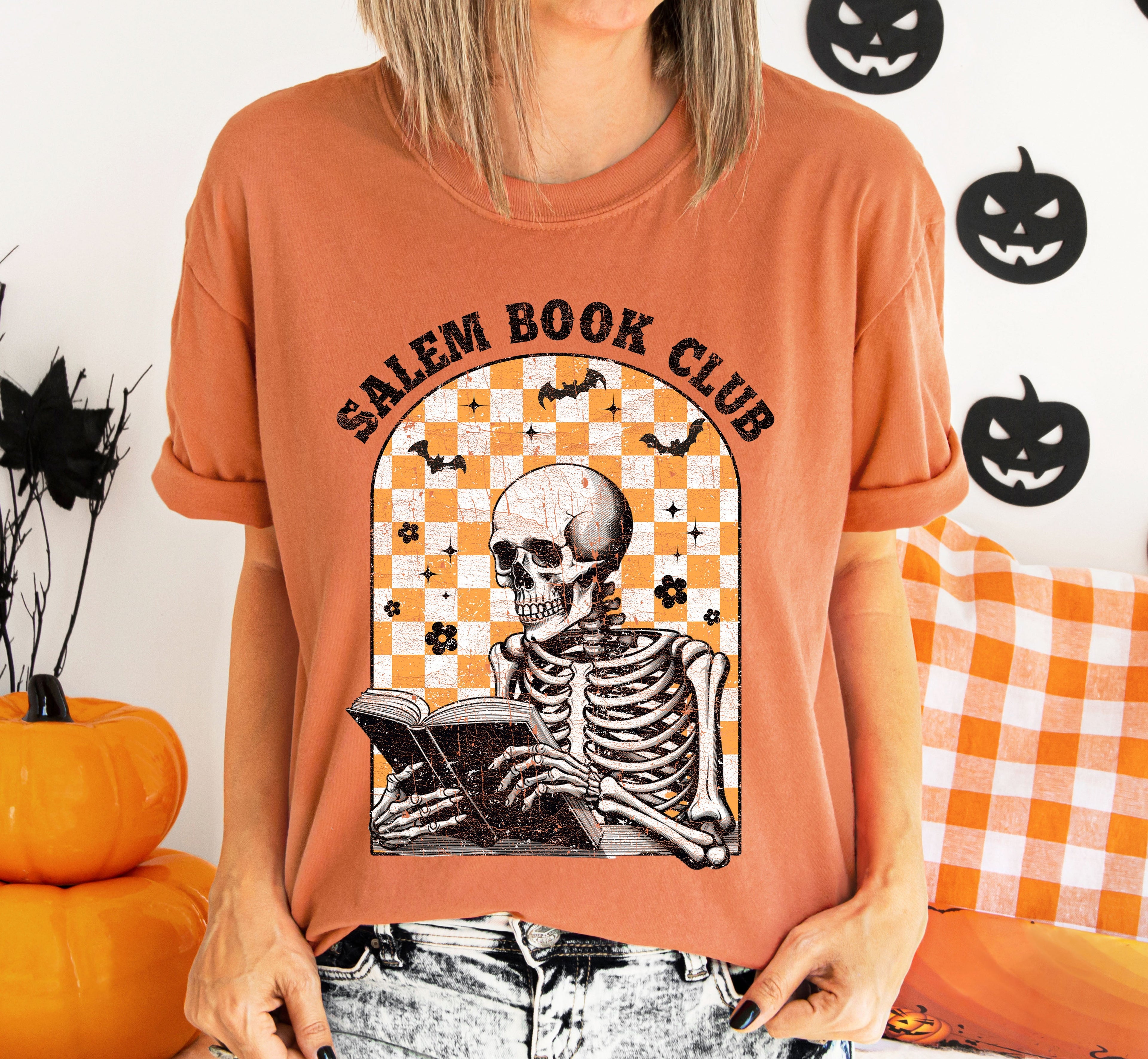 Salem Book Club Skeleton Checkered Retro Limited Deluxe Edition Comfort Colors Tee