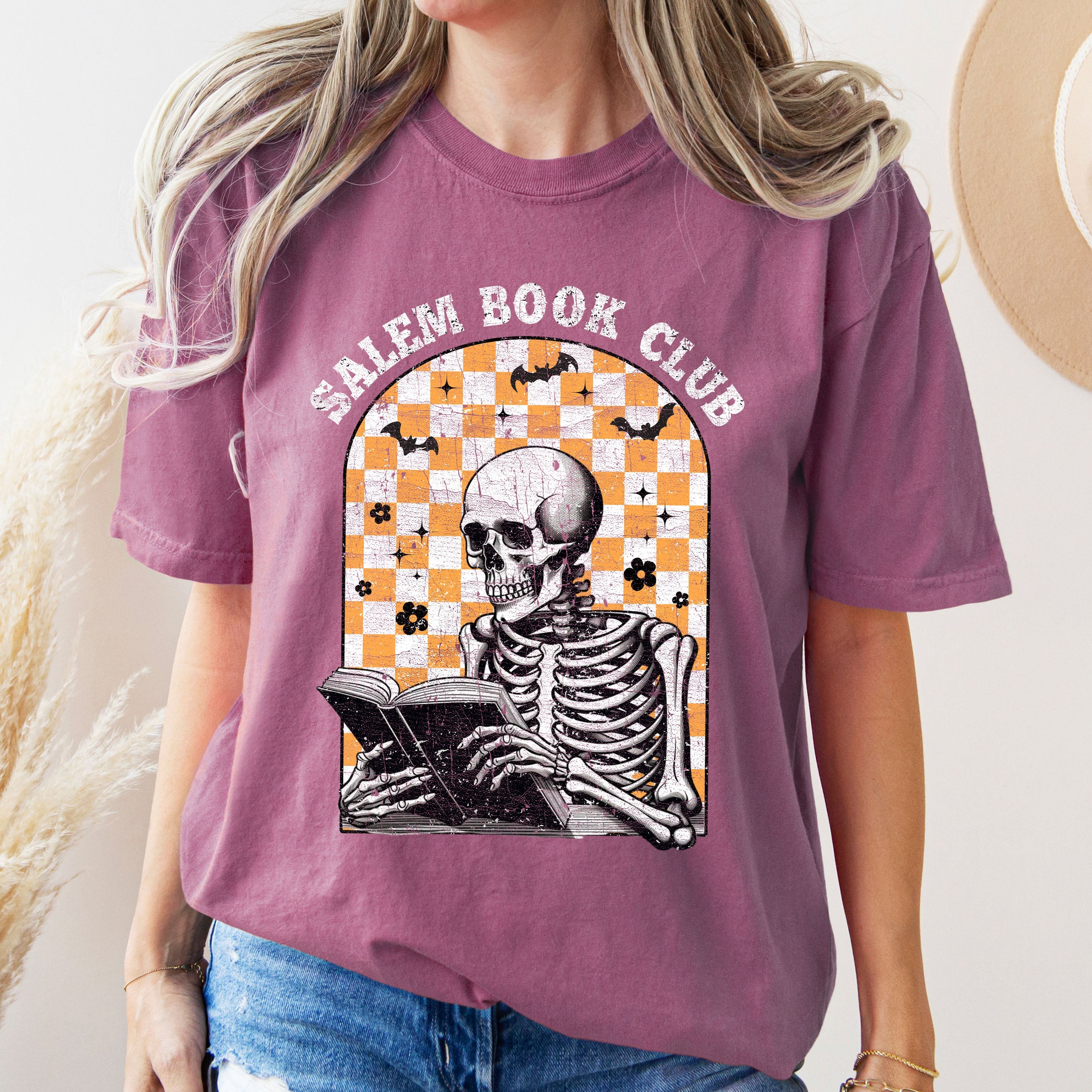 Salem Book Club Skeleton Checkered Retro Limited Deluxe Edition Comfort Colors Tee