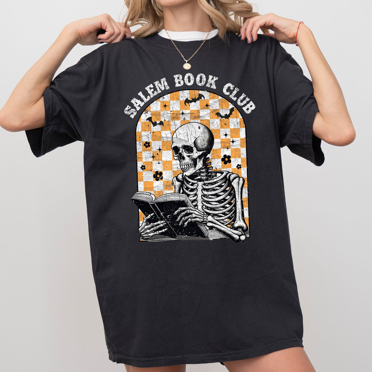 Salem Book Club Skeleton Checkered Retro Limited Deluxe Edition Comfort Colors Tee