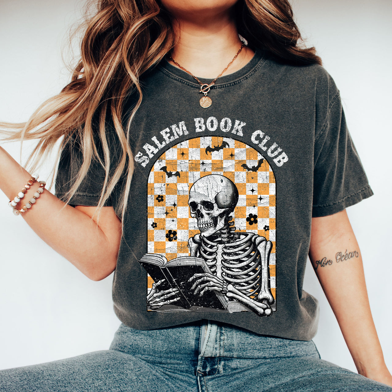 Salem Book Club Skeleton Checkered Retro Limited Deluxe Edition Comfort Colors Tee